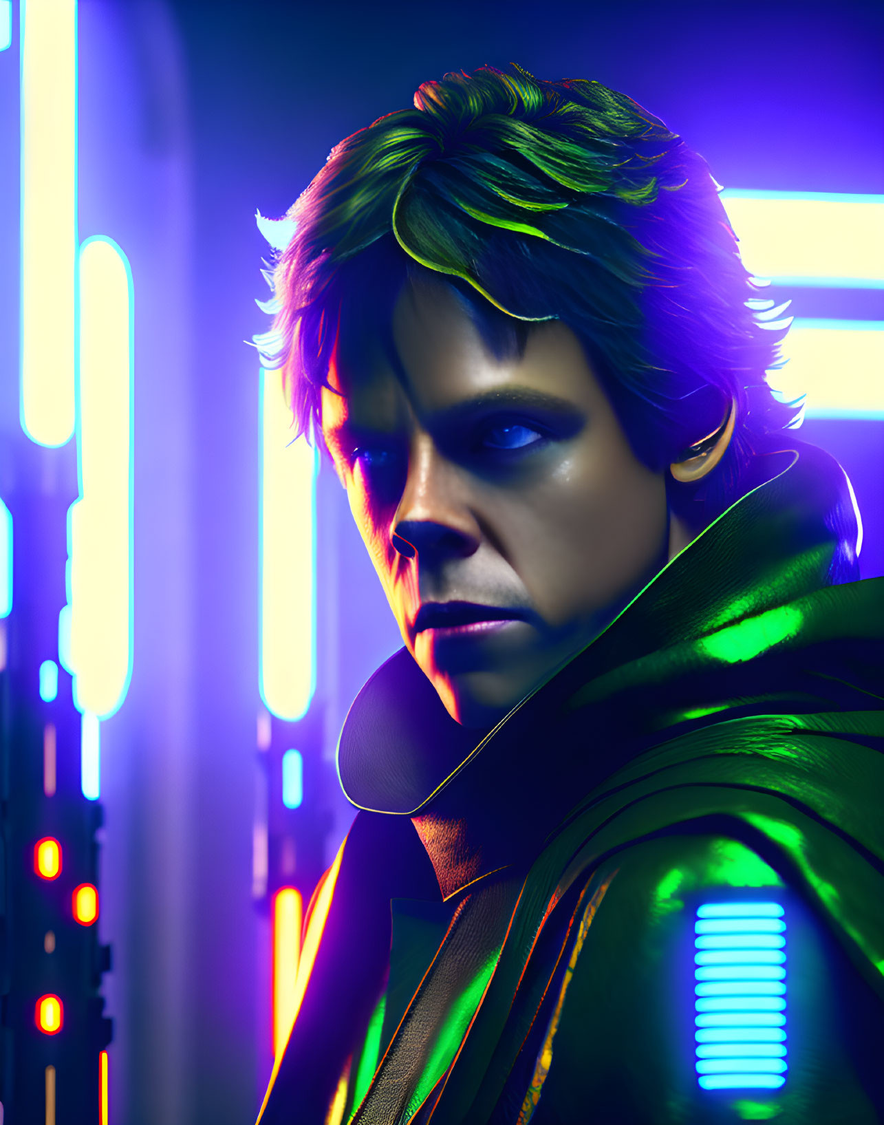 Person with Blue Eyes in Futuristic Green Jacket on Neon Background