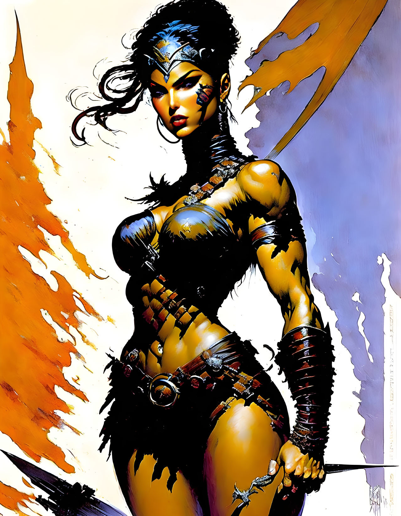 Muscular warrior woman in revealing armor wields spear on orange backdrop