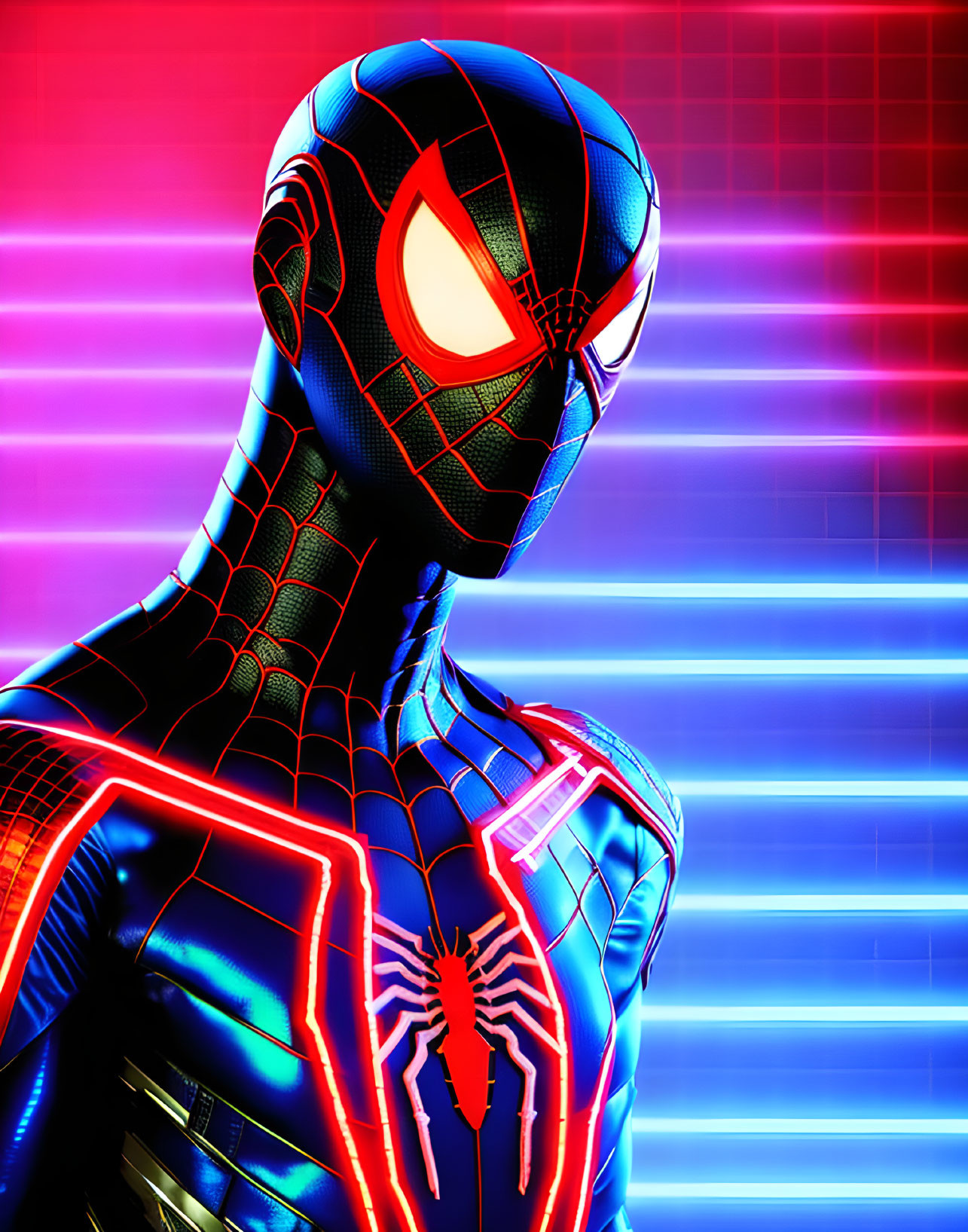 Digital Artwork: Spider-Man in Black and Red Suit on Neon Grid Background