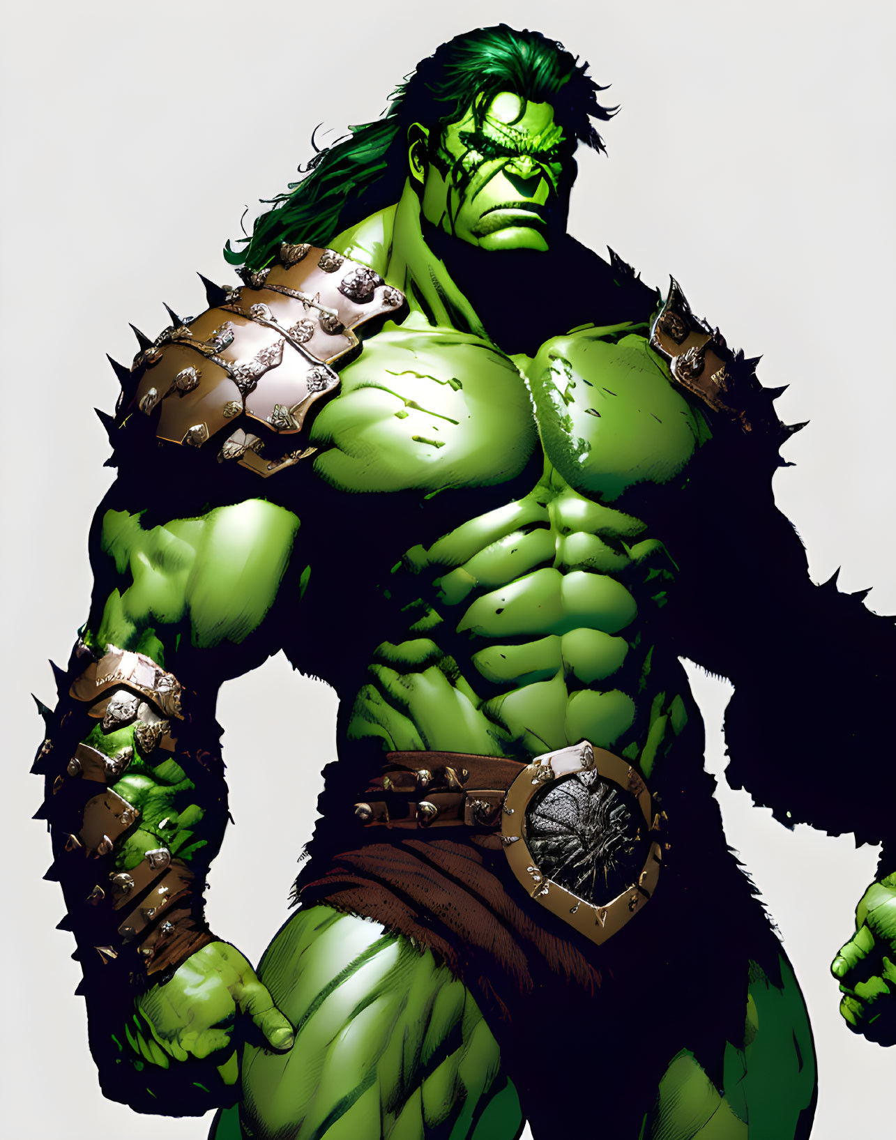 Muscular green-skinned figure with spiked shoulder armor and intense eyes.