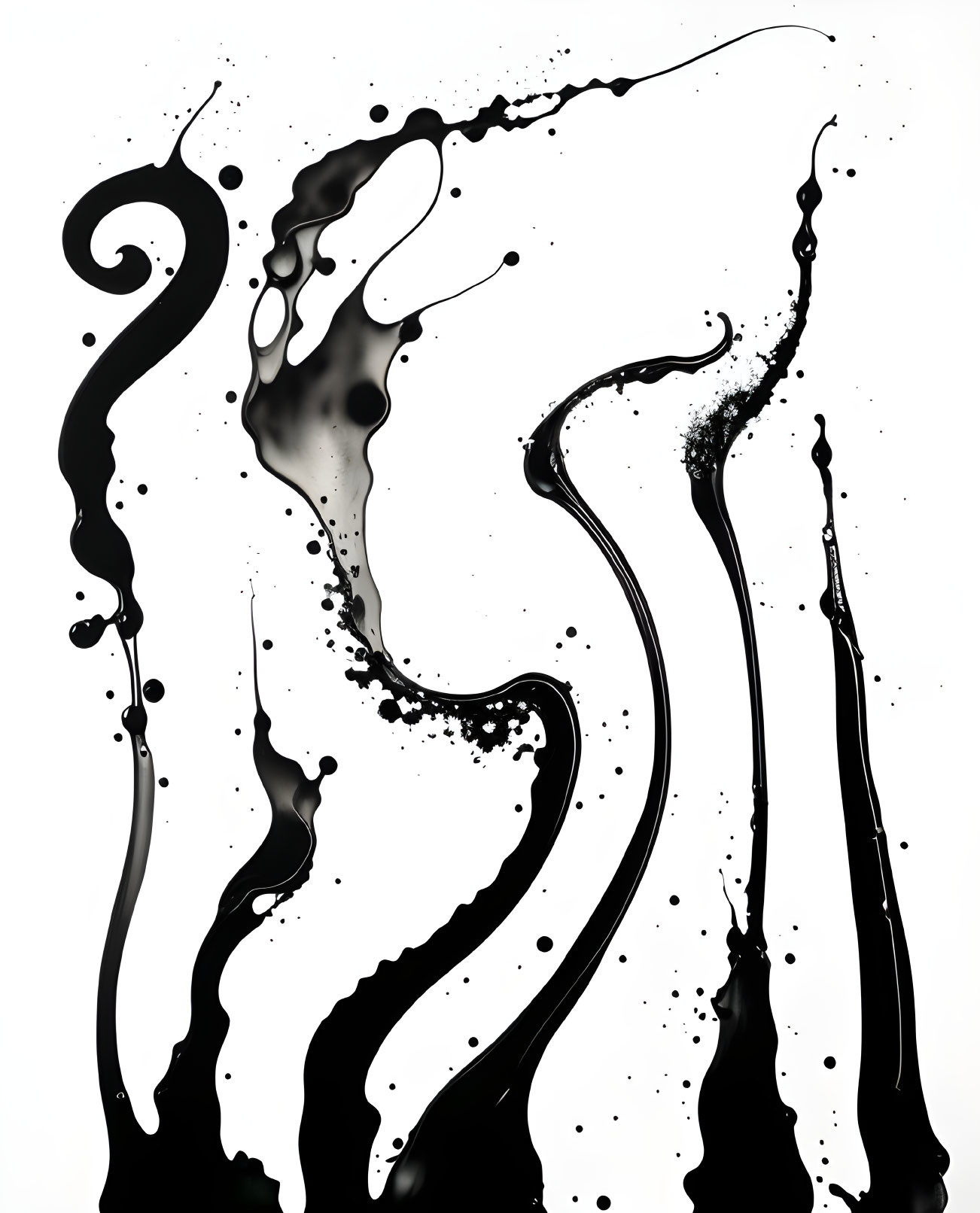 Dynamic black ink swirls on white backdrop