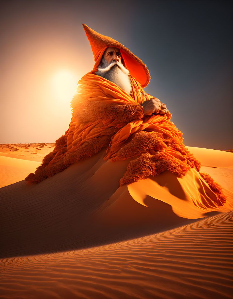 Person in Vibrant Orange Robes and Oversized Hat Sitting on Sand Dune under Warm Sun