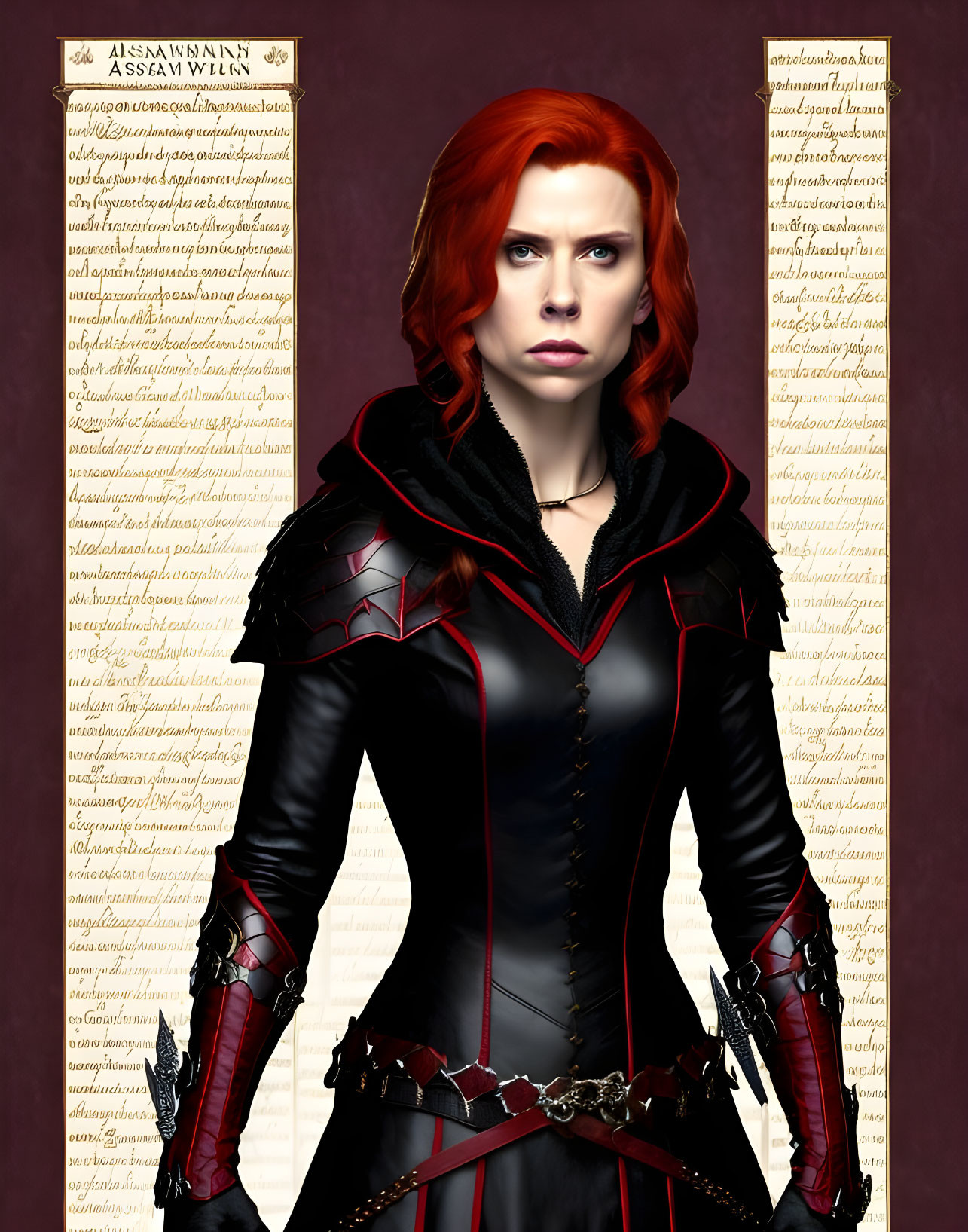 Red-haired woman in black fantasy armor on parchment-like background