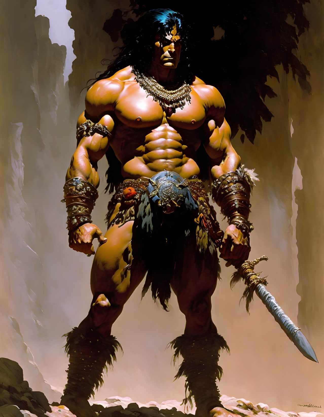 Muscular barbarian in fur loincloth, boots, holding large sword on rocky terrain