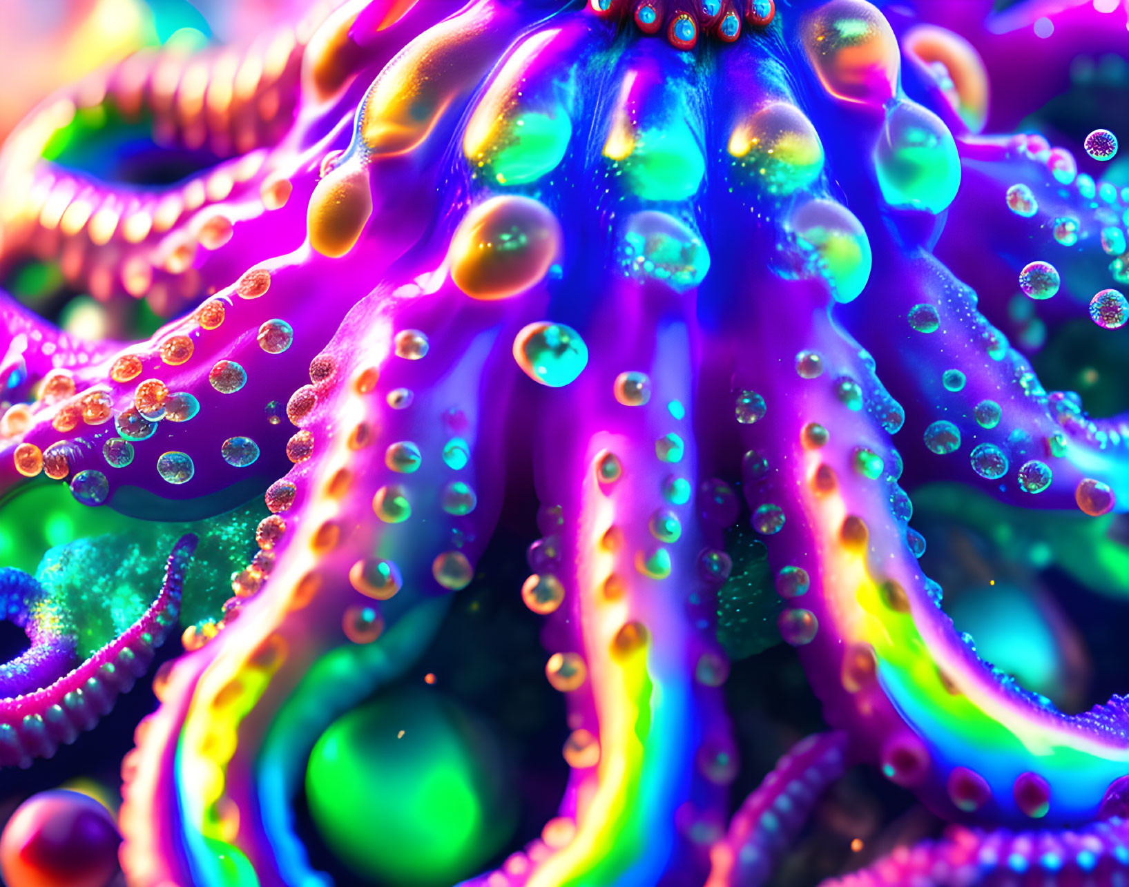 Colorful octopus with detailed suction cups on psychedelic backdrop