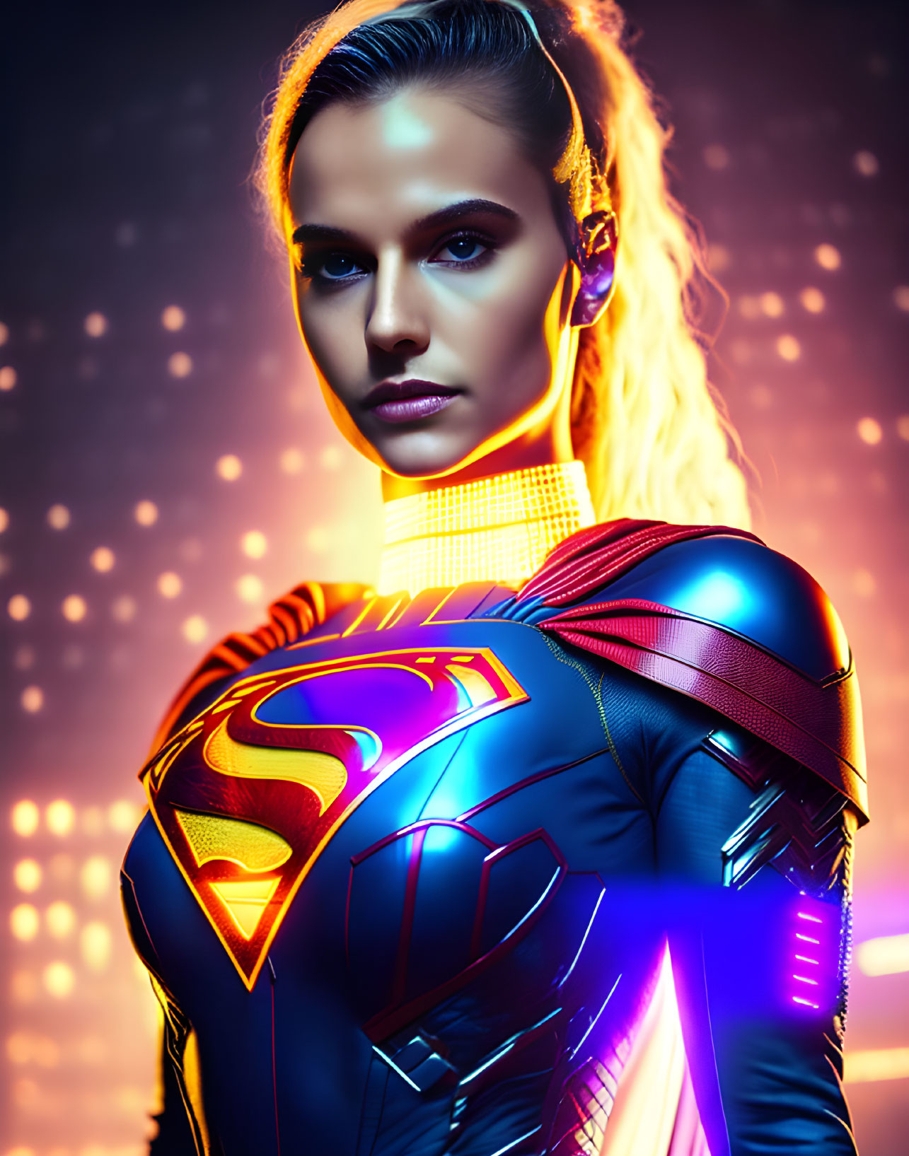 Confident Woman in Superhero Costume with 'S' Shield on Vivid Bokeh Background