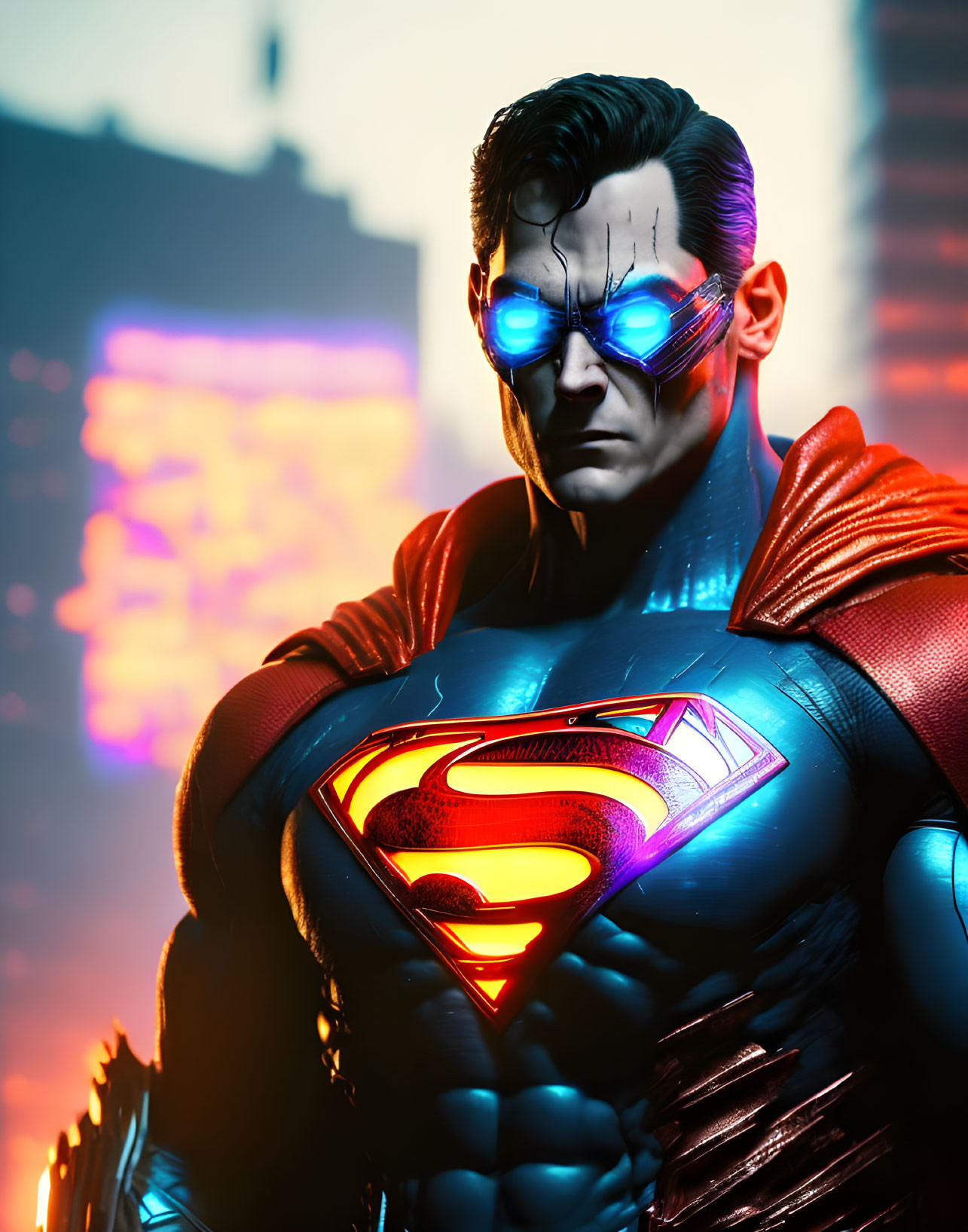 Superhero in Red and Blue Costume with 'S' Symbol and Glowing Blue Eyewear on City