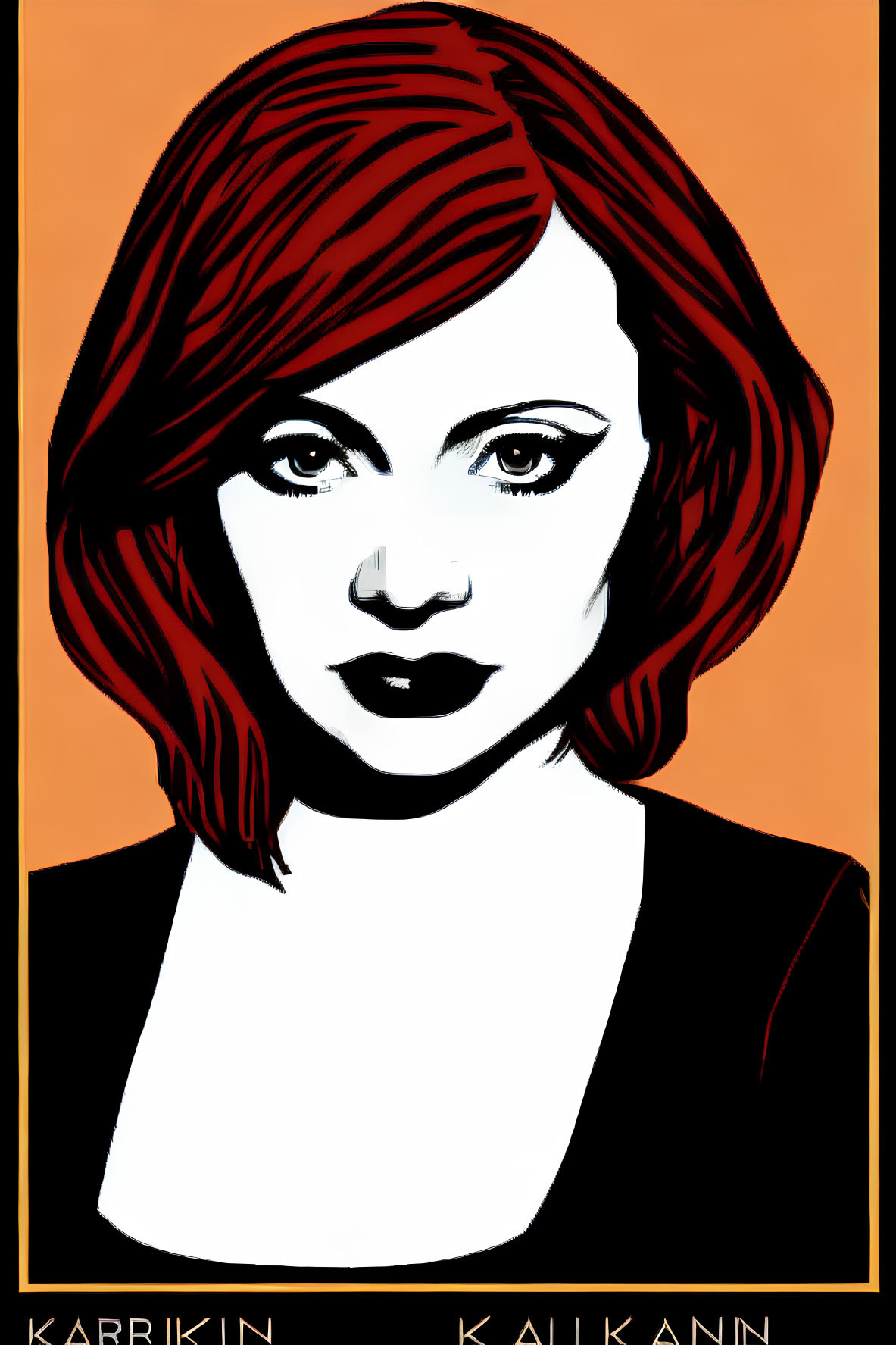 Vibrant pop art portrait of a woman with red hair on orange background