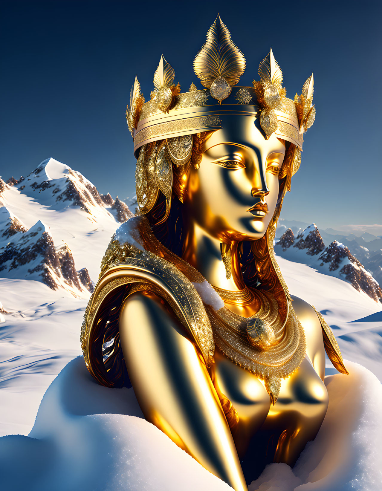 Regal female figure with crown against snowy mountain backdrop