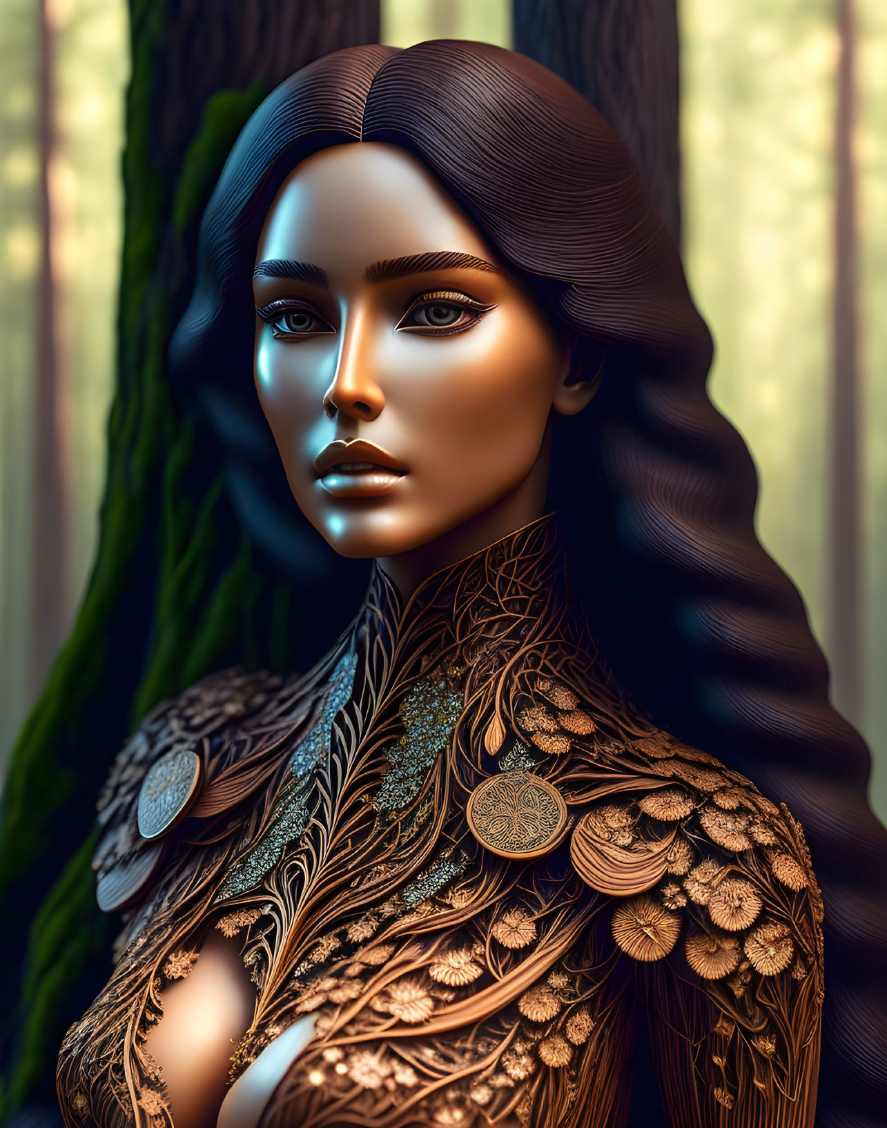 Detailed metallic body art on woman in digital artwork