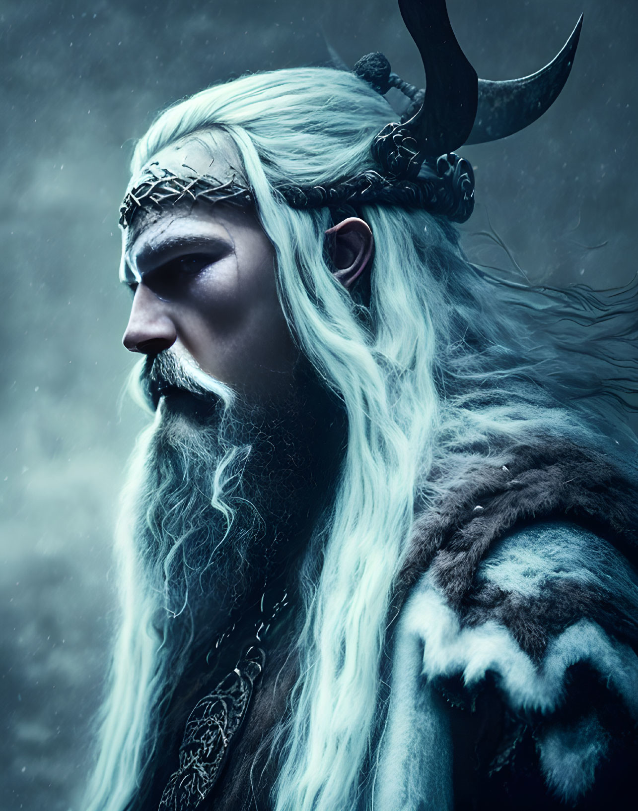 White-haired Viking with fur cloak and circlet in snowy landscape