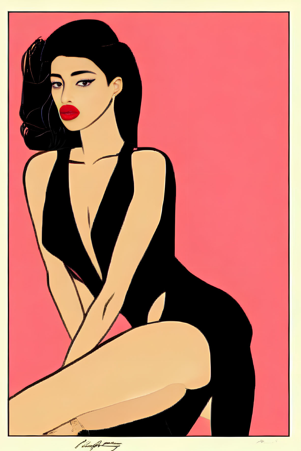 Stylized art: Woman with black hair, red lips, black outfit on pink background