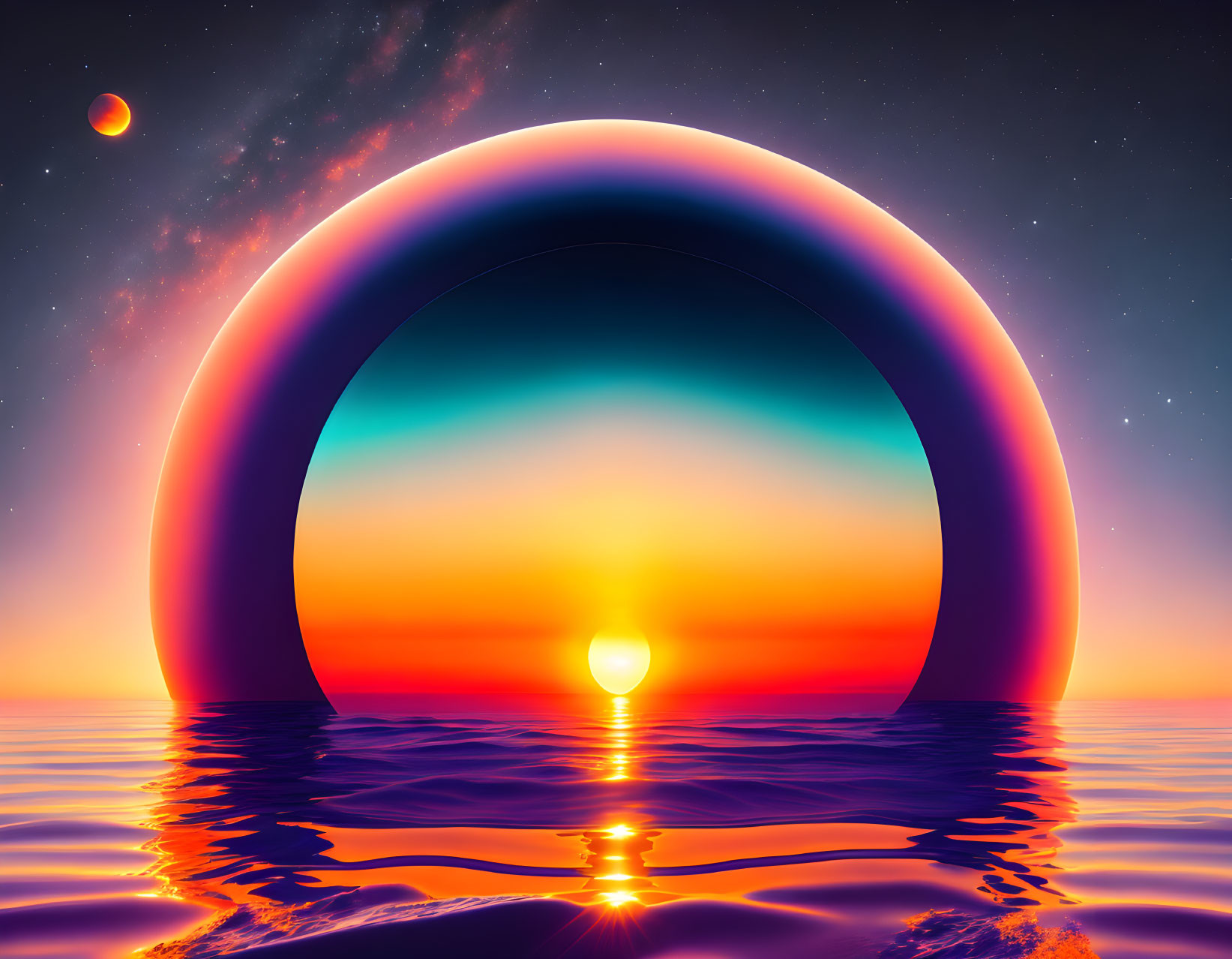 Surreal glowing arch over calm water at sunset