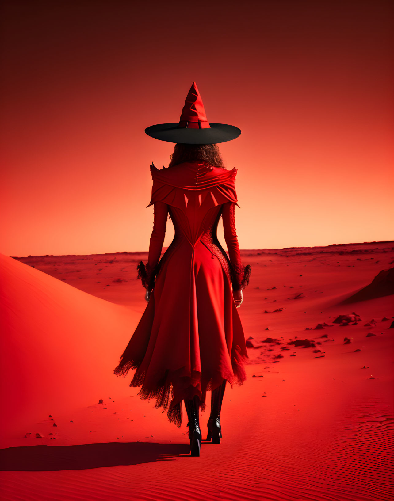 Figure in red dress and wide-brimmed hat in red sand dunes under crimson sky