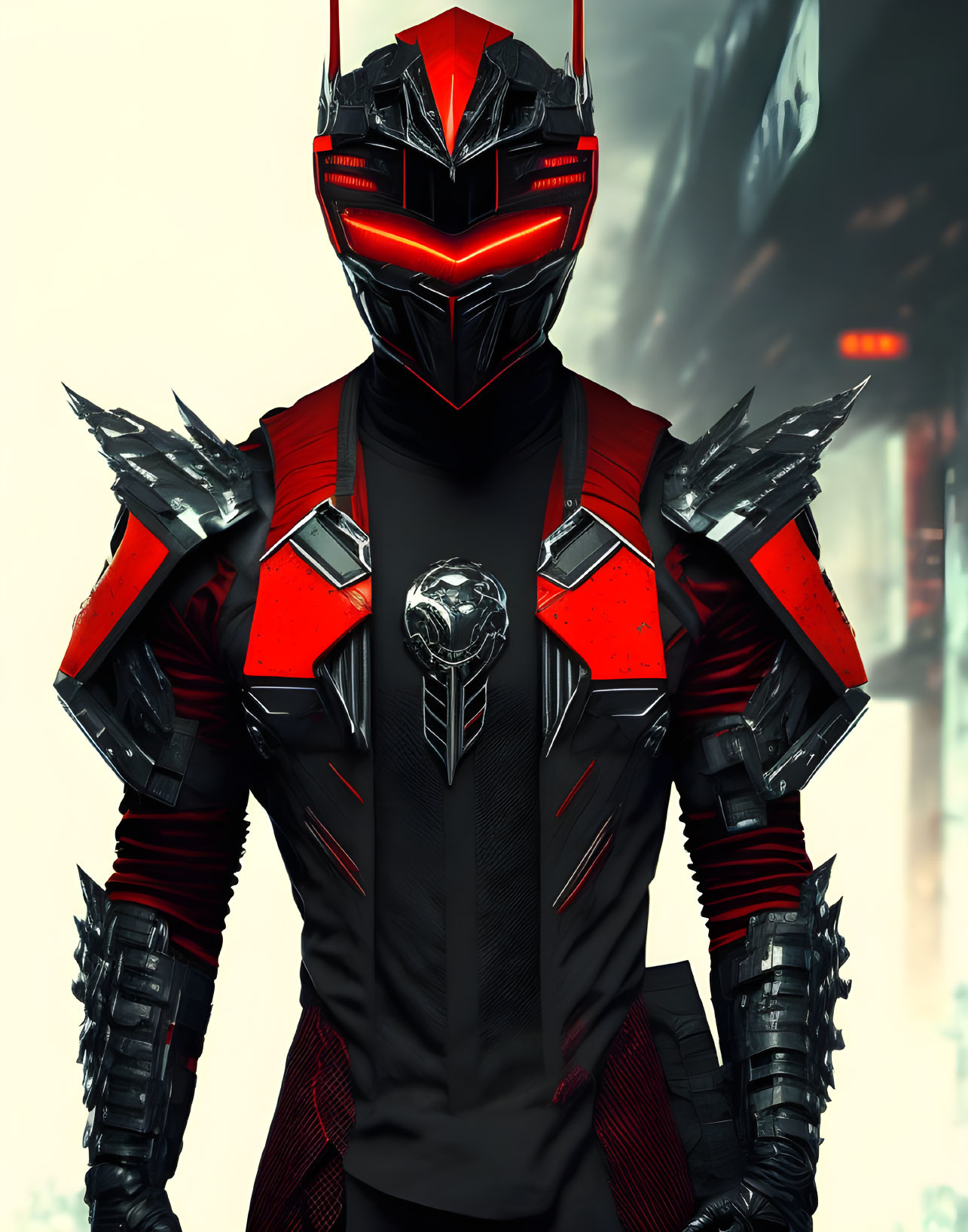 Futuristic armored figure in red and black suit with lion emblem