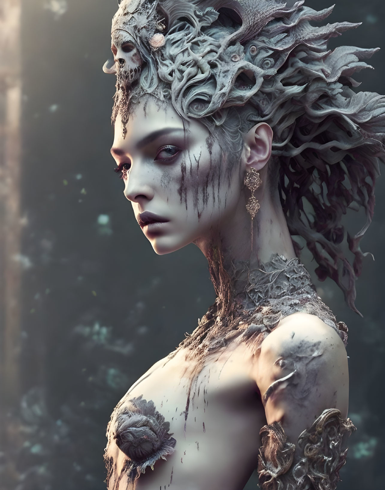 Fantasy art: Person with tree-like headpiece in misty forest