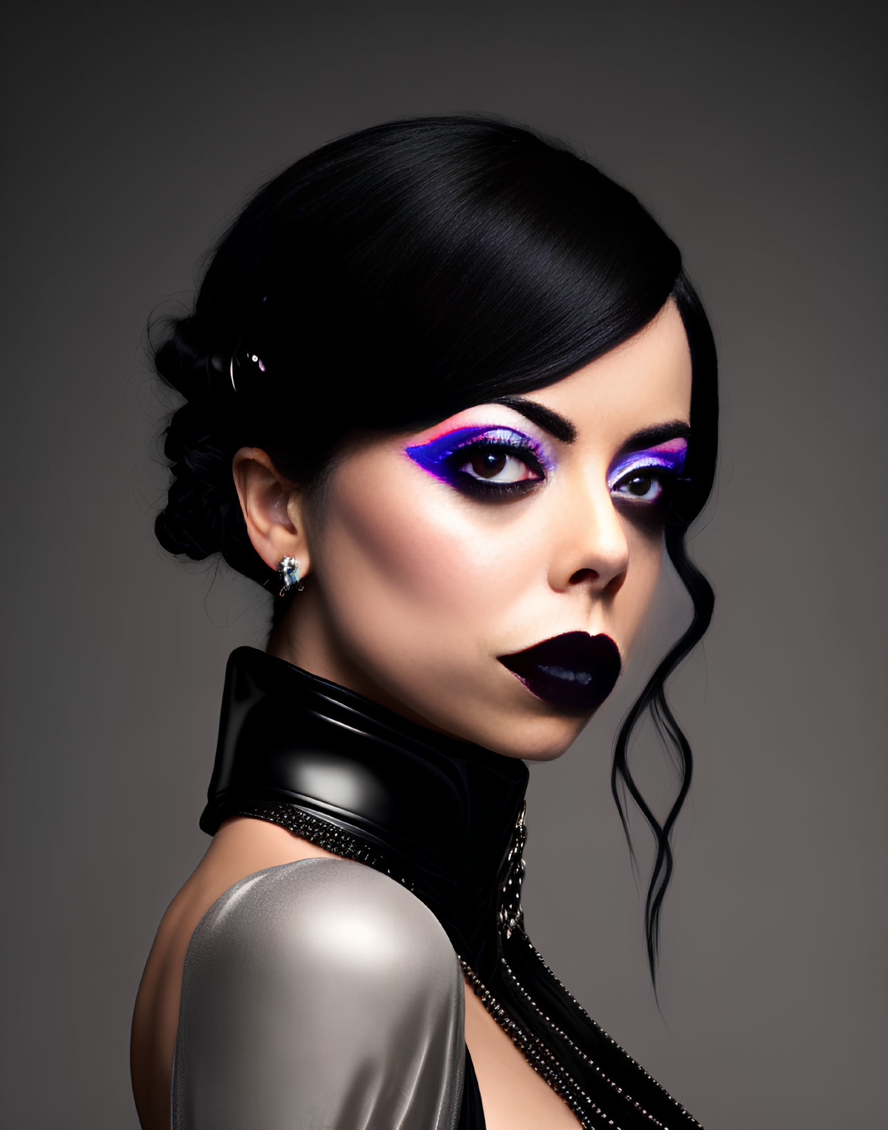 Woman with Bold Purple Eyeshadow and Dark Lipstick in Black and Silver Attire