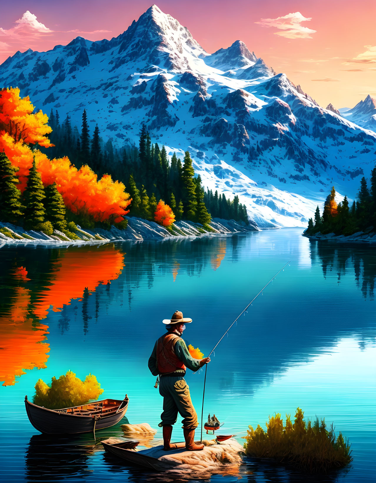 Tranquil lake scene with autumn trees and snowy mountains