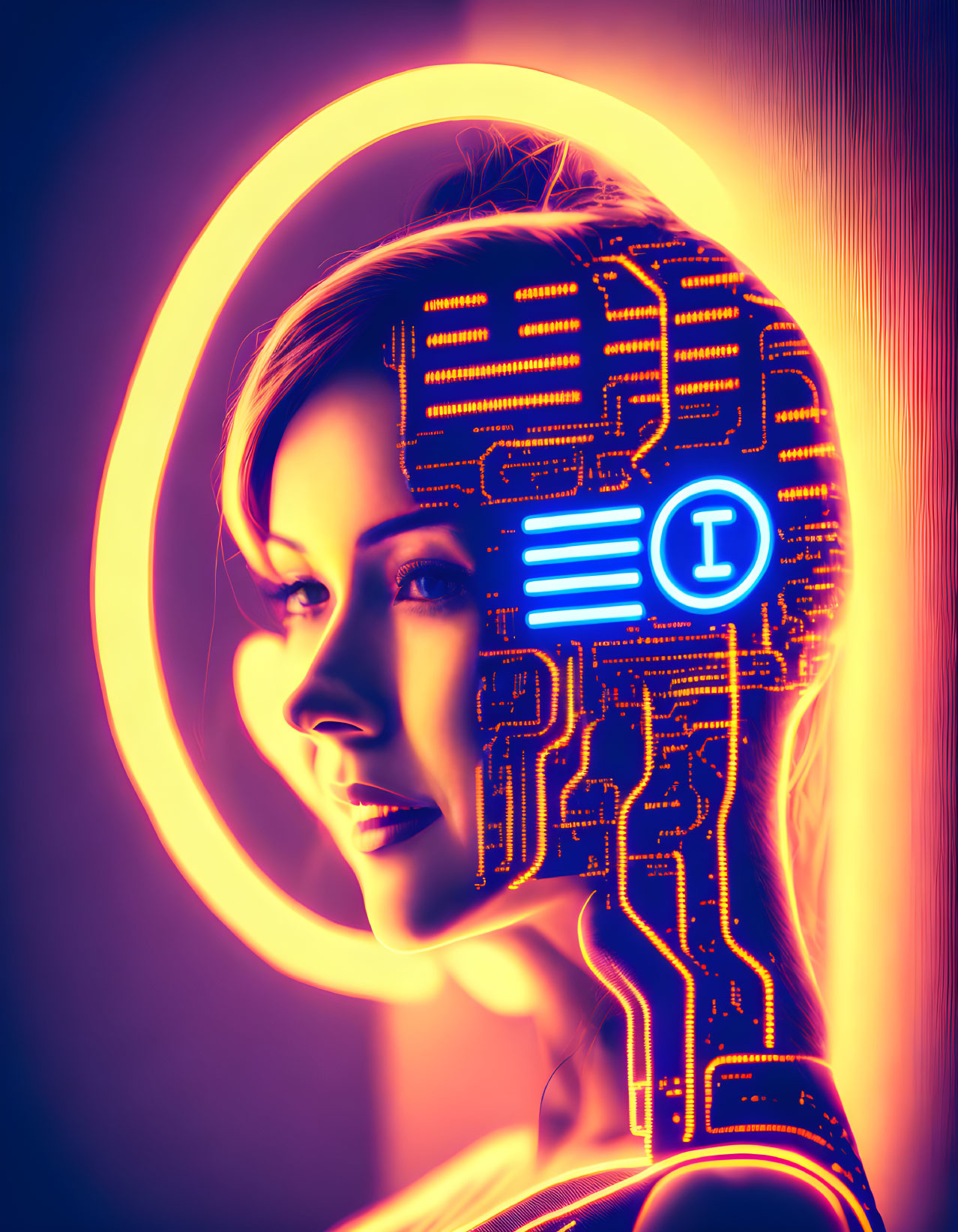 Digital artwork: Woman's profile merges with circuitry, glowing halo symbolizes fusion of humanity and technology