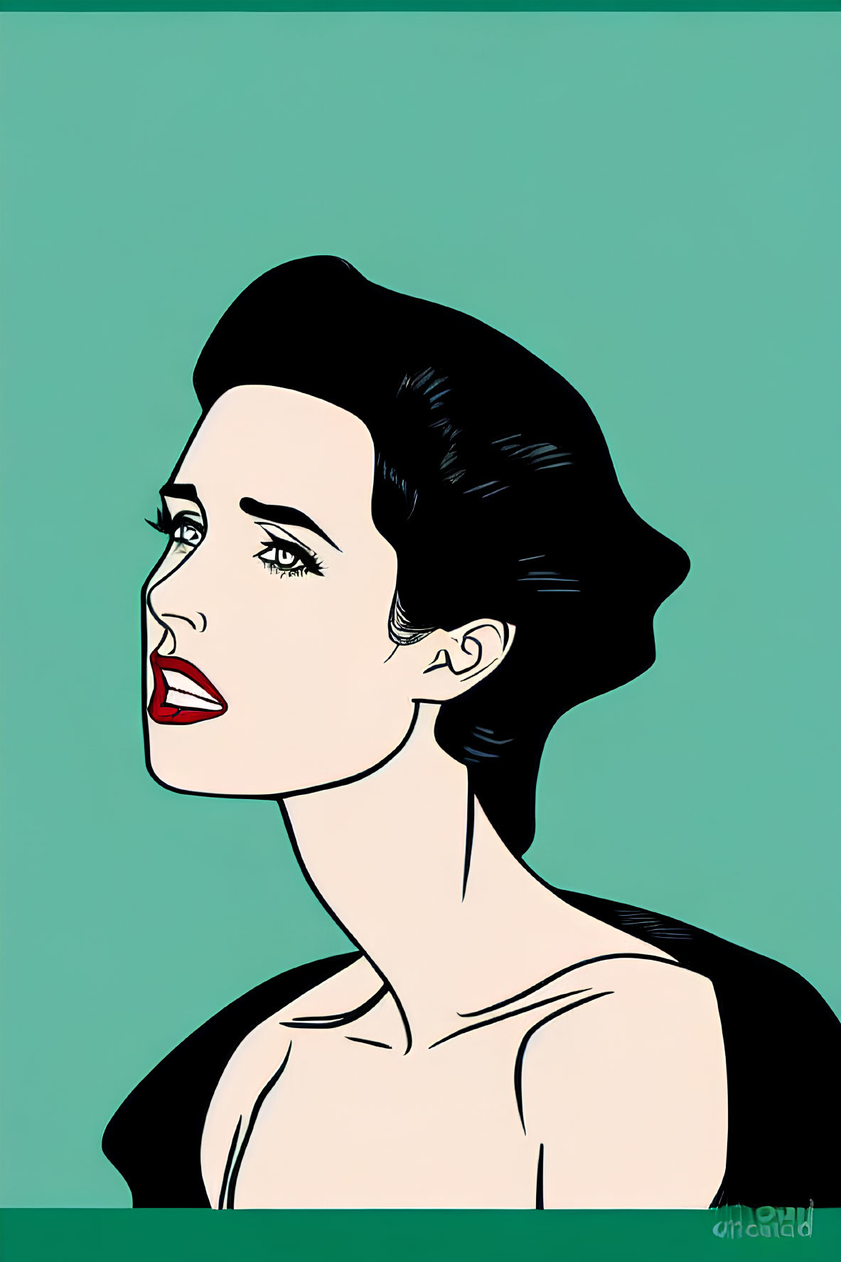 Dark-haired woman in retro pop art style on teal background with bold outlines and red lipstick.