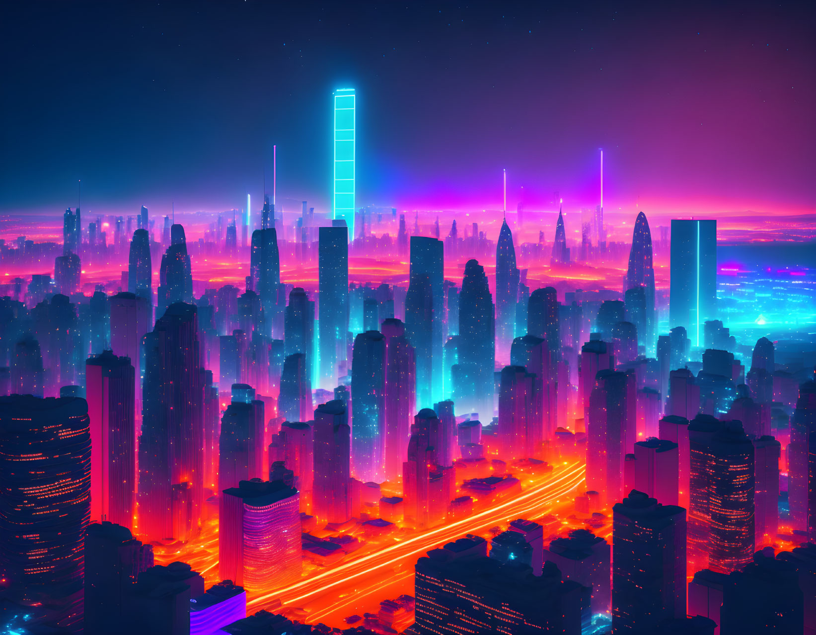 Futuristic cyberpunk cityscape with neon-lit skyscrapers