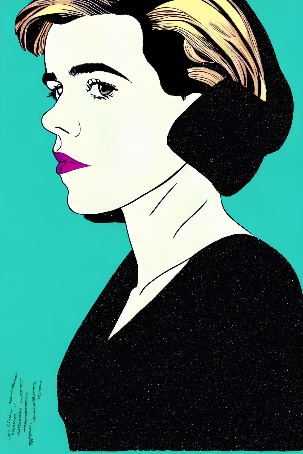 Profile view illustration: woman with blonde and black hair, pink lipstick, on teal background