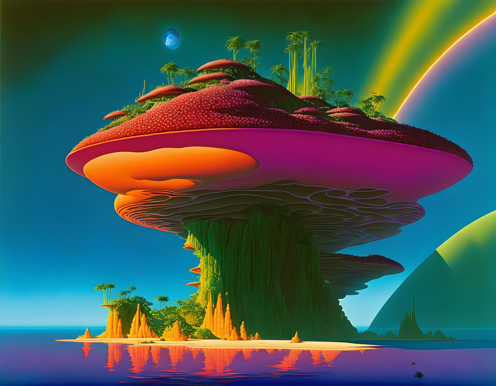 Surreal landscape with giant strawberry-topped mushroom, palm trees, vibrant sky, and rainbows