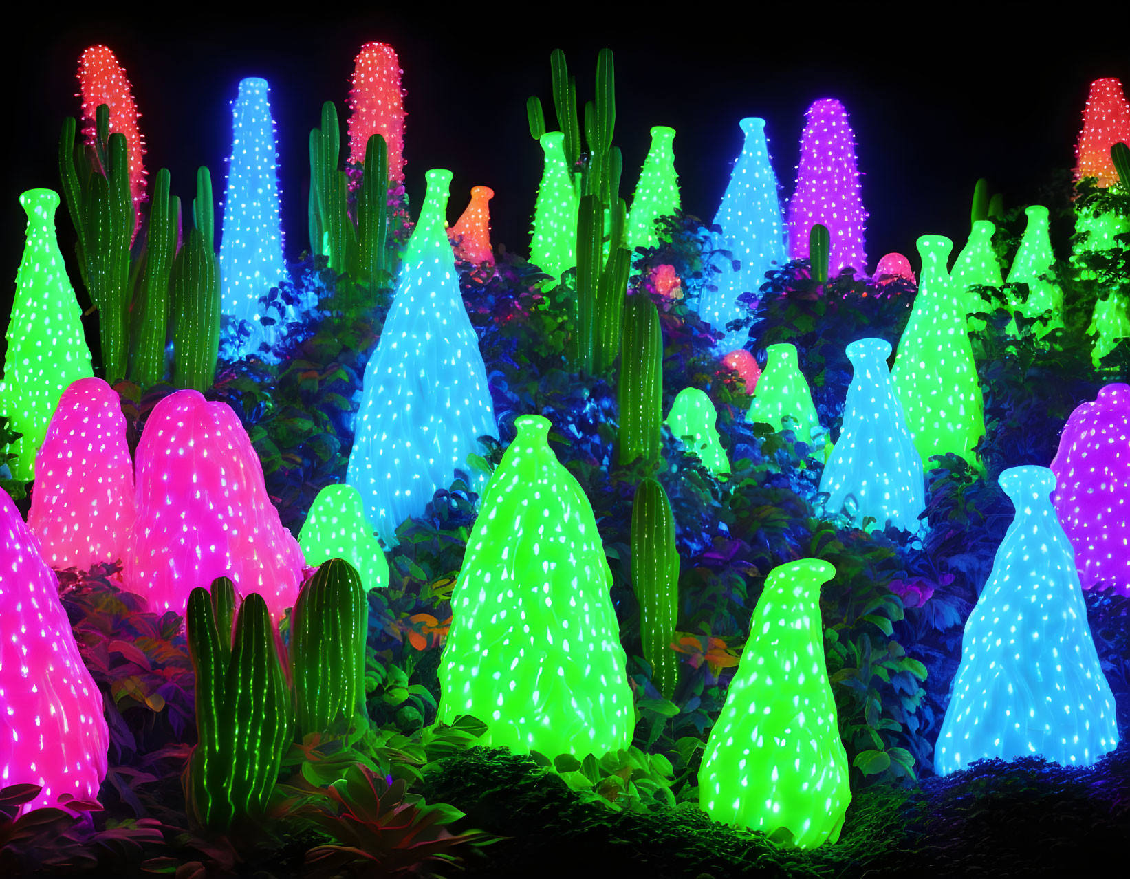 Multicolored illuminated conical structures in futuristic garden setting at night