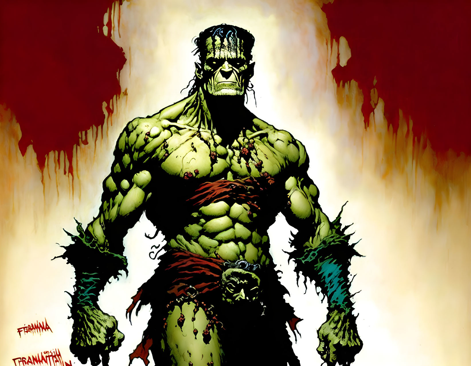 Muscular green creature with stitches and bolts on red and white backdrop