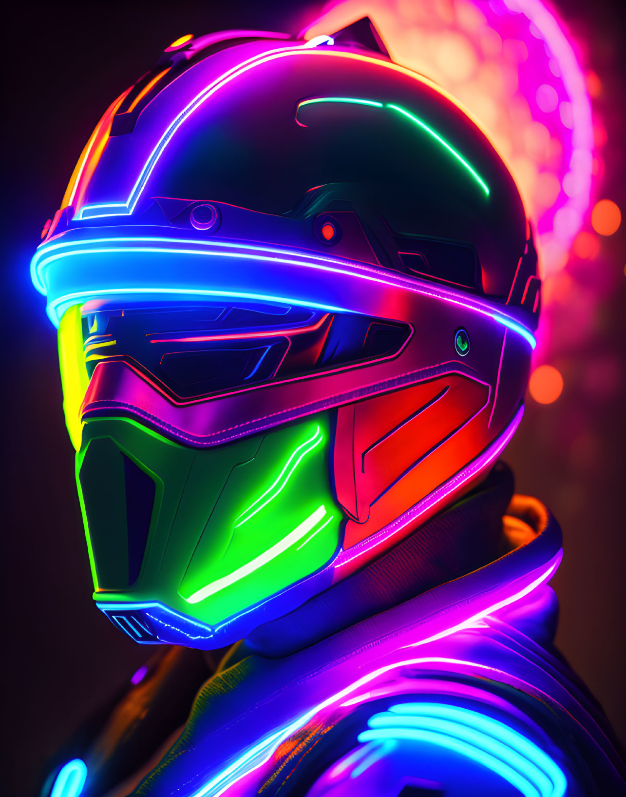 Colorful Glowing Neon-Lit Motorcycle Helmet on Bokeh Background