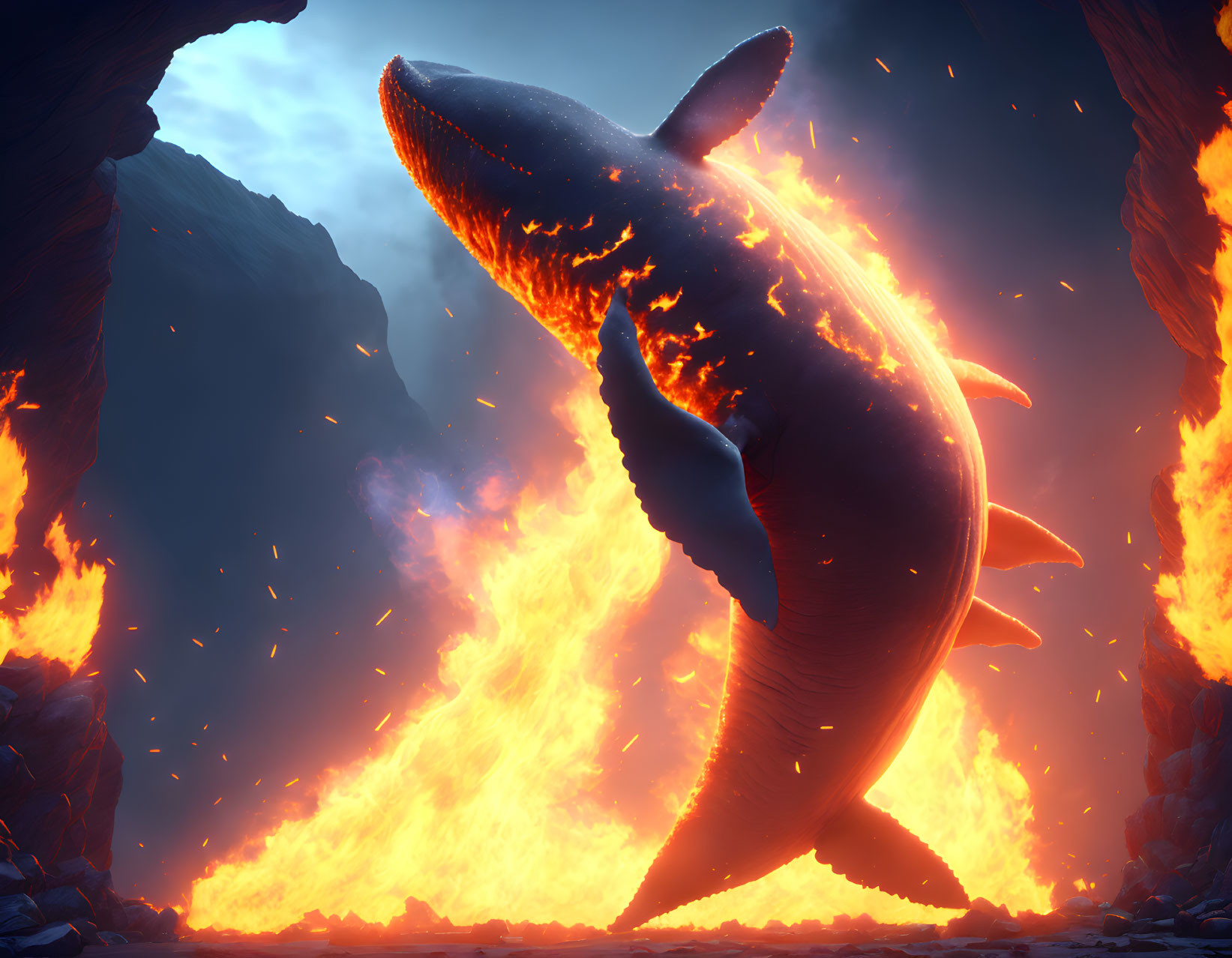 Gigantic glowing shark in fiery volcanic chasm