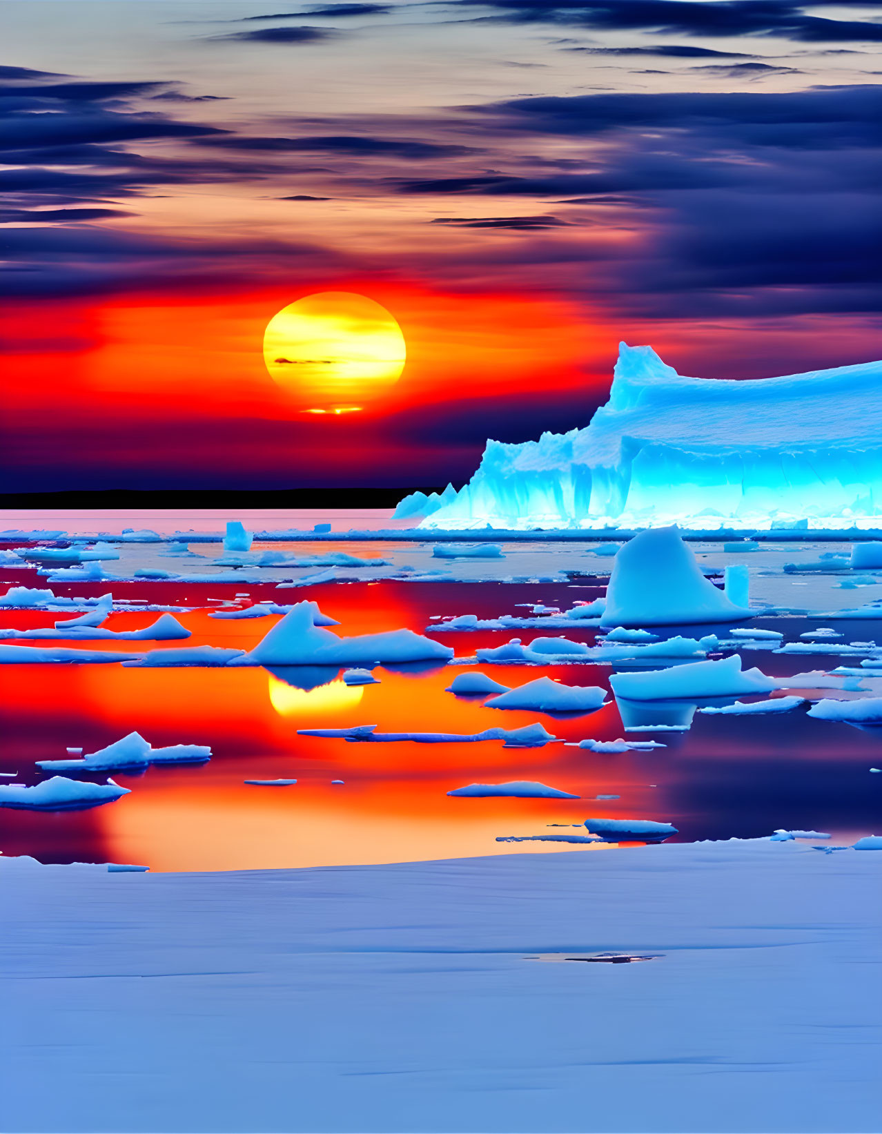 Radiant orange and red sunset over icy waters with icebergs under blue sky