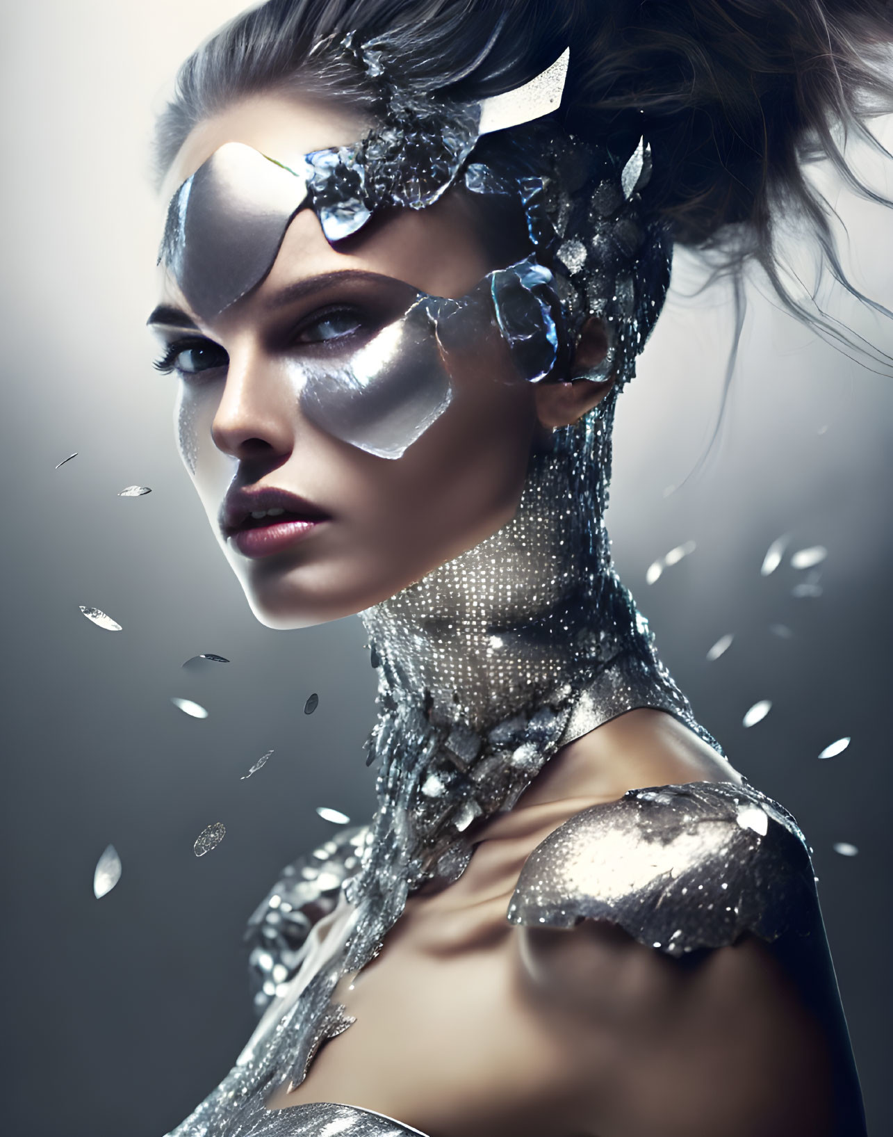 Woman with metallic body paint and crystal-like shards on face.