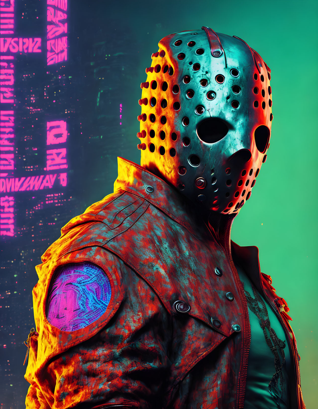 Weathered orange jacket, metallic hockey mask, neon-lit cyberpunk backdrop