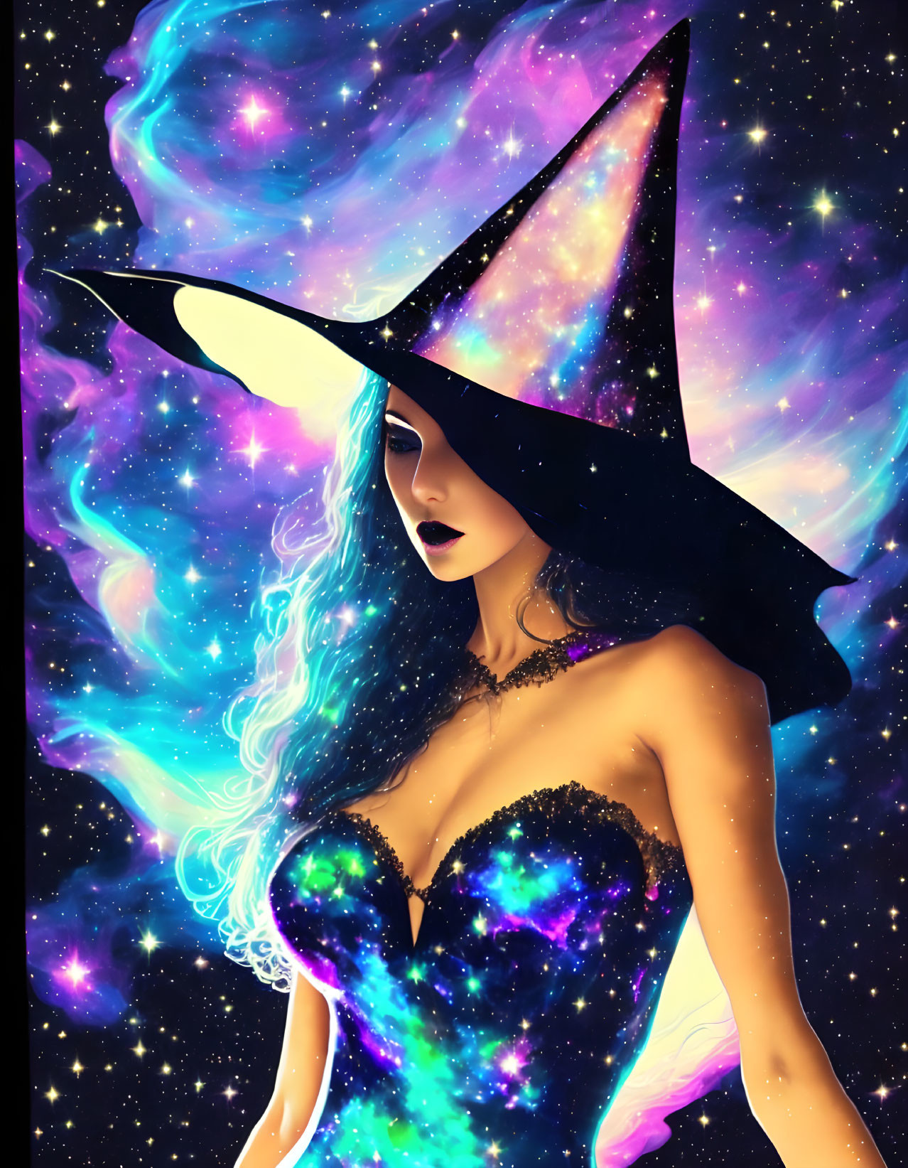 Illustration: Blue-haired woman in galaxy hat and dress on cosmic backdrop