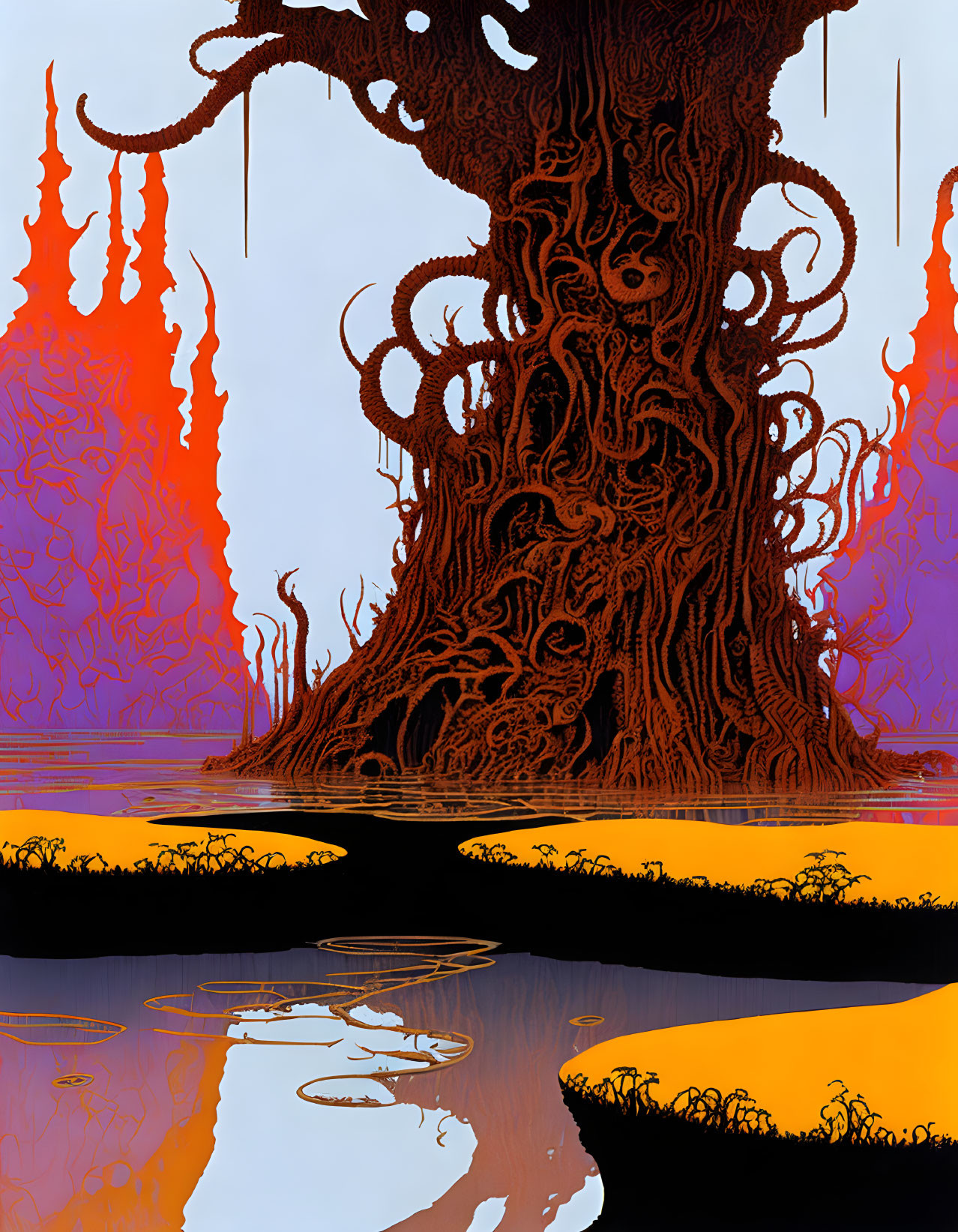 Surreal illustration of twisted tree mirrored in water with fiery red spires