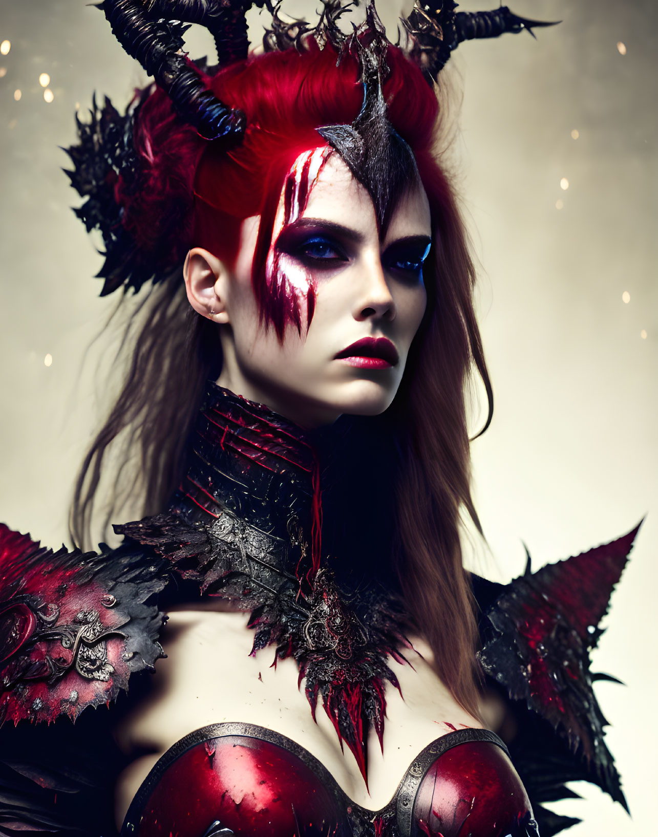 Red-haired person with horns and gothic makeup in dark fantasy attire.