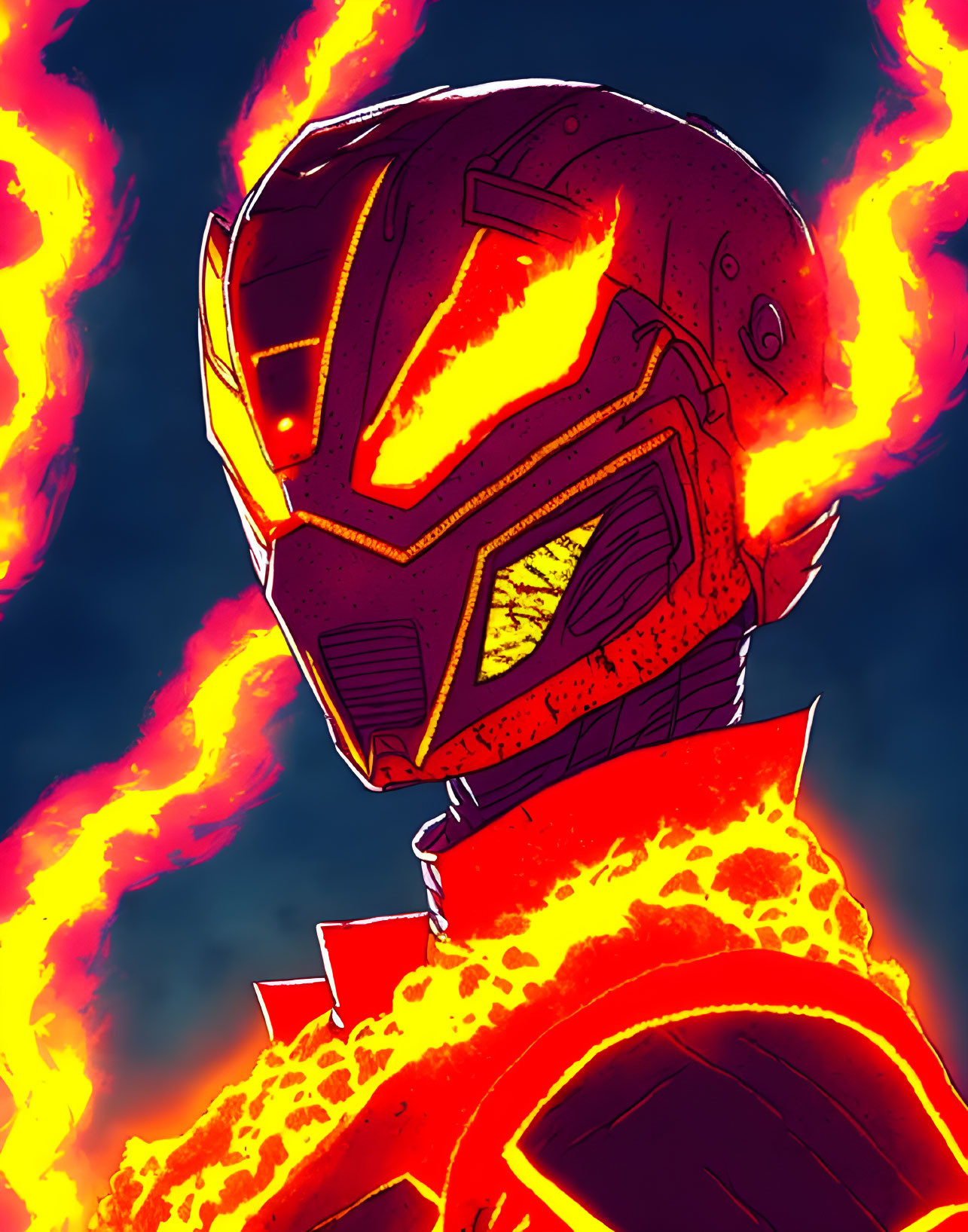 Person in Red Suit with Helmet Surrounded by Flames on Dark Blue Background