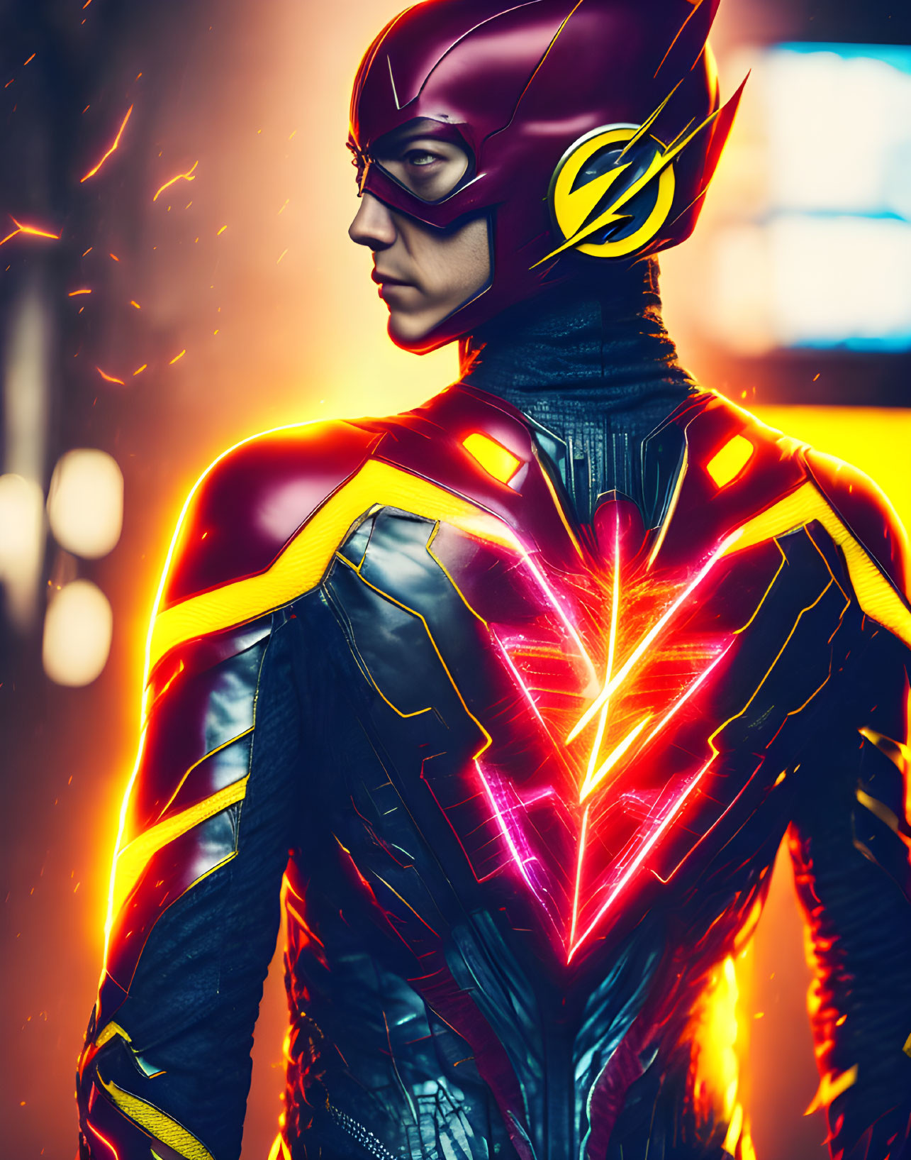 Detailed Flash Superhero Costume with Glowing Emblem Against City Lights Background