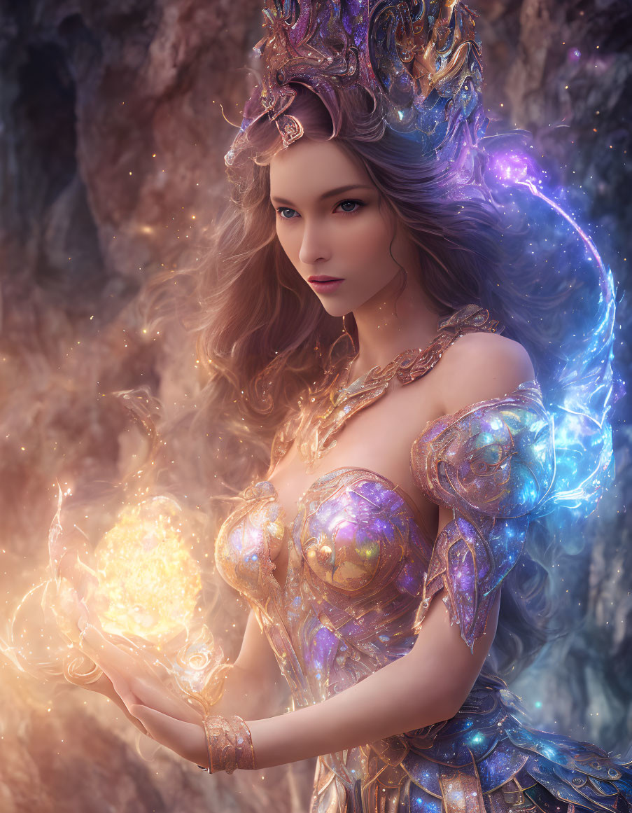 Fantasy artwork of woman with intricate crown, armor, and glowing orb