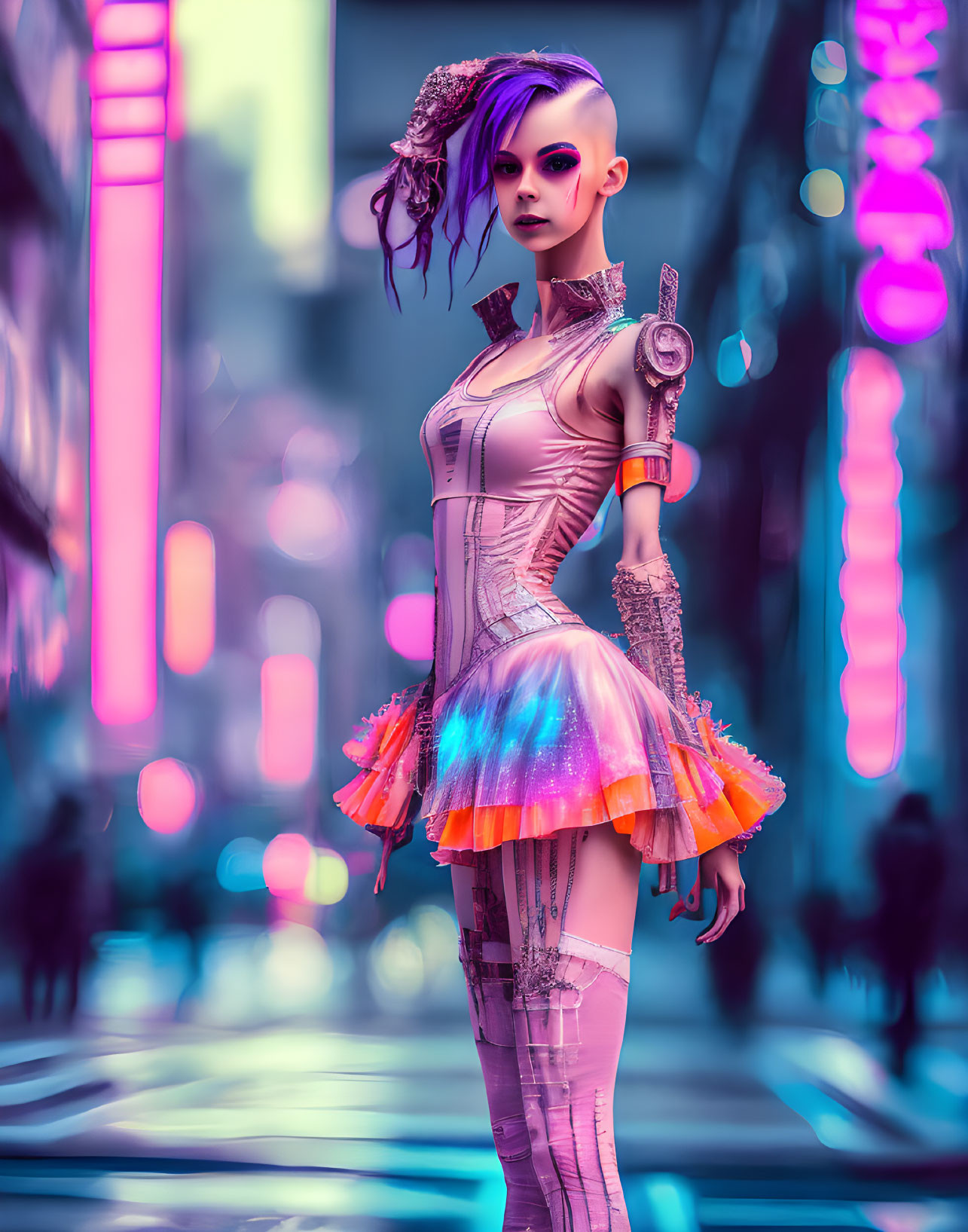 Futuristic cyborg woman with mechanical arm in neon-lit urban scene