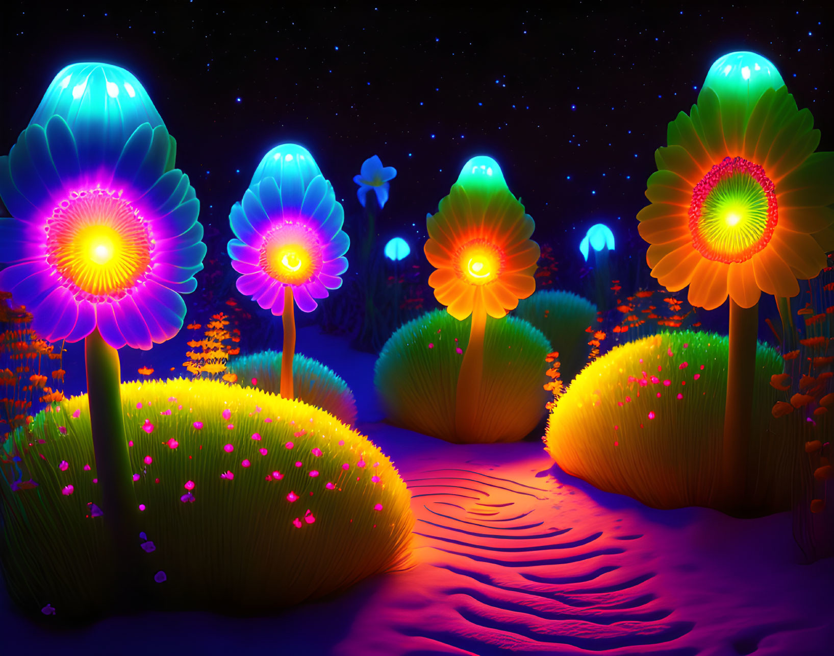 Fantastical scene: Oversized neon flowers in starry night setting