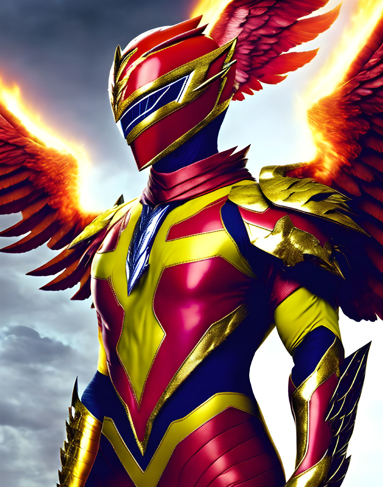 Flaming phoenix-themed superhero in vibrant armor against dramatic sky