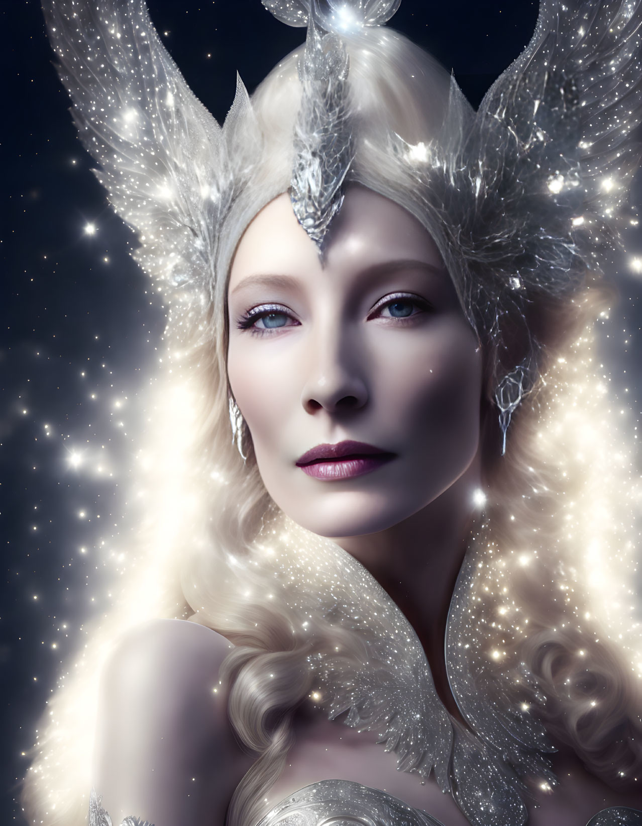 Pale-skinned regal figure with elaborate white headpiece and luminous star-like effects.