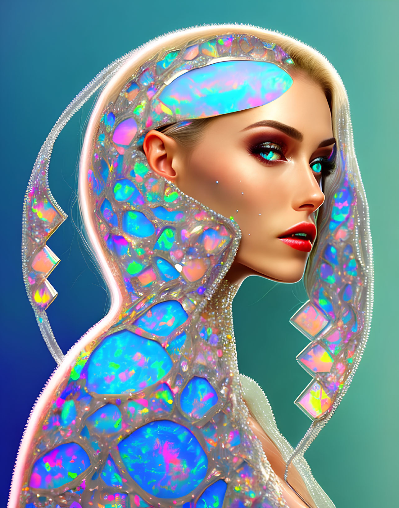 Iridescent Gem-Encrusted Woman in Digital Art