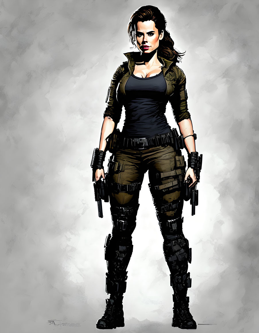 Confident Woman in Tactical Gear on Grey Background