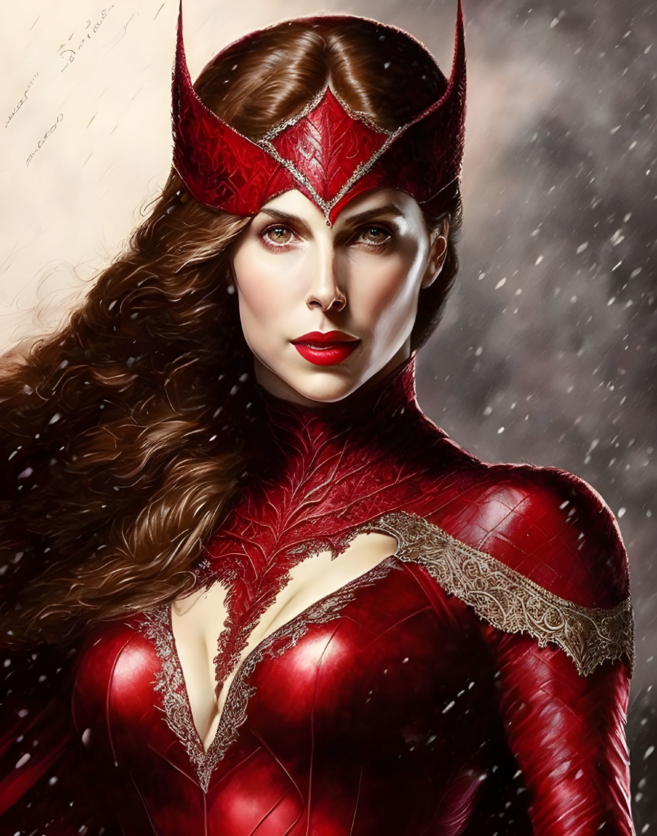 Stylized portrait of a woman in red costume with crown and fierce expression amid falling snow