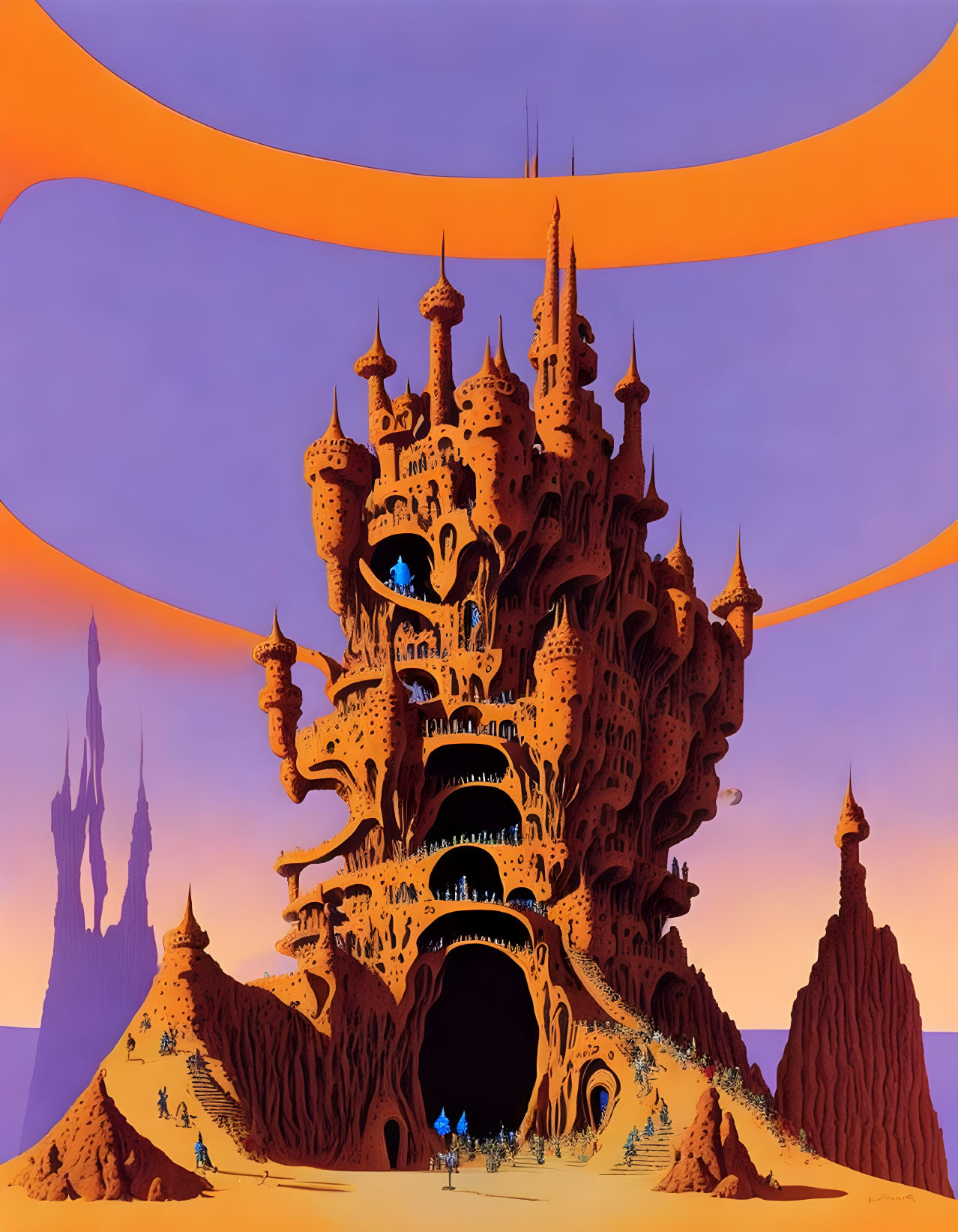 Fantasy landscape with towering castle under orange sky