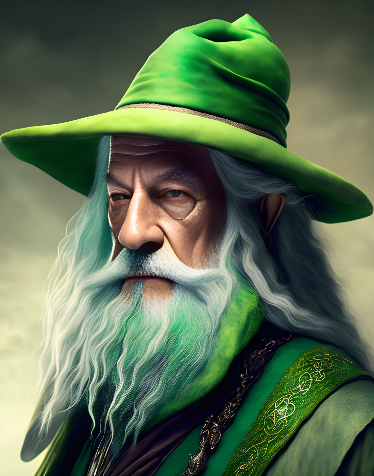 Elderly Wizard Illustration in Green Robe & Hat