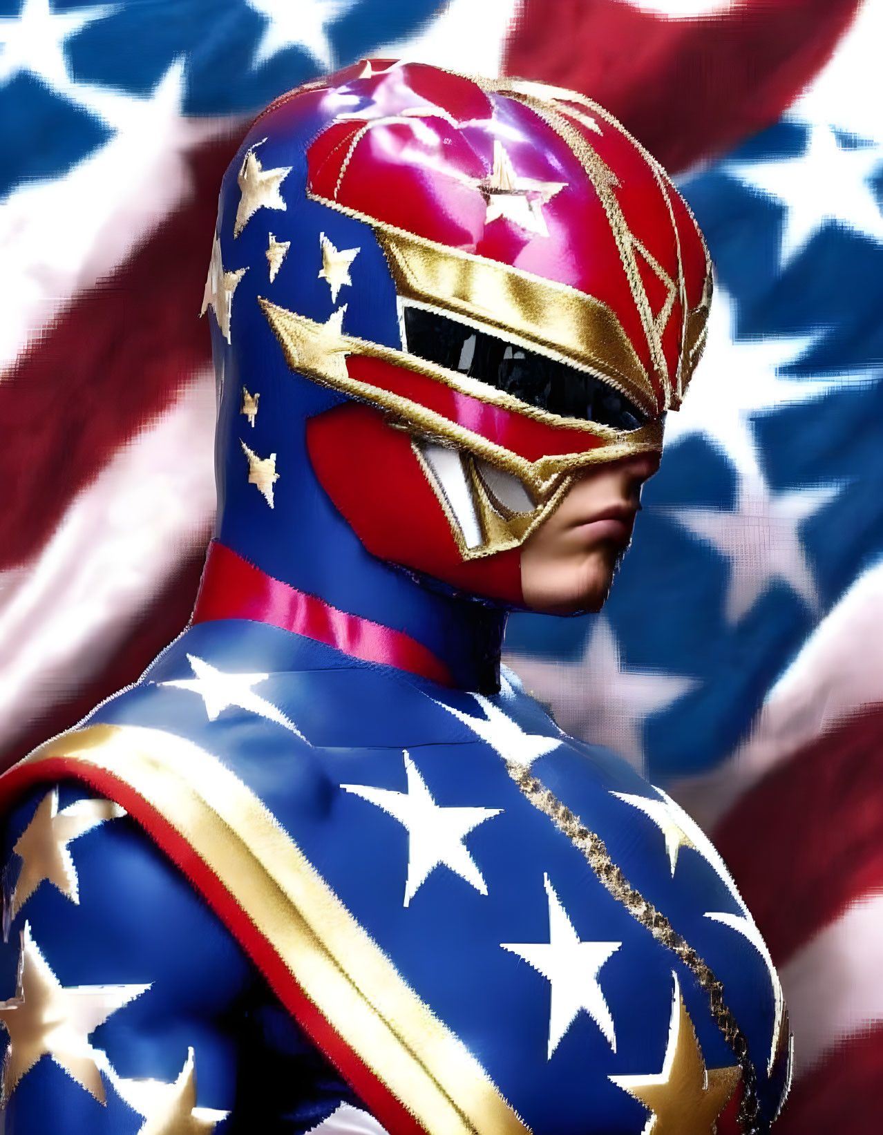 Patriotic-themed Power Ranger in front of American flag